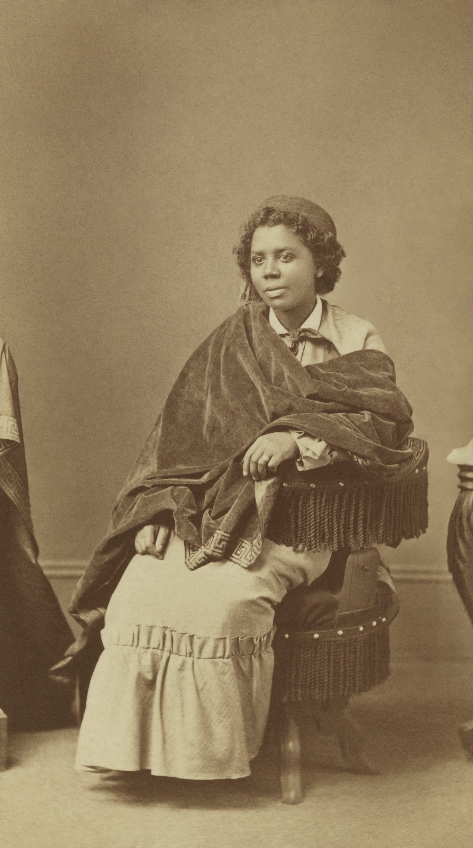 Albumen silver print of Edmonia Lewis. To quote the National Portrait Gallery: "Edmonia Lewis achieved international recognition as a sculptor during the second half of the nineteenth century. Educated at Oberlin College, she settled first in Boston, where she created portrait busts and medallions of prominent politicians, writers, and abolitionists. In 1865 she relocated to Rome and joined an active community of American and British artists living abroad. Adopting a neoclassical style then widely popular, she found inspiration in stories from the Bible and classical mythology, as well as from African American history. Her sculpture Forever Free (1867) depicts an African American couple as they first hear news of the Emancipation Proclamation. Although Lewis enjoyed unprecedented success for several decades, she died in obscurity."
Dimensions:
Image/Sheet: 9.2 x 5.2 cm (3 5/8 x 2 1/16")
Mount: 10 x 6.2 cm (3 15/16 x 2 7/16")
Mat: 45.7 x 35.6 cm (18 x 14")