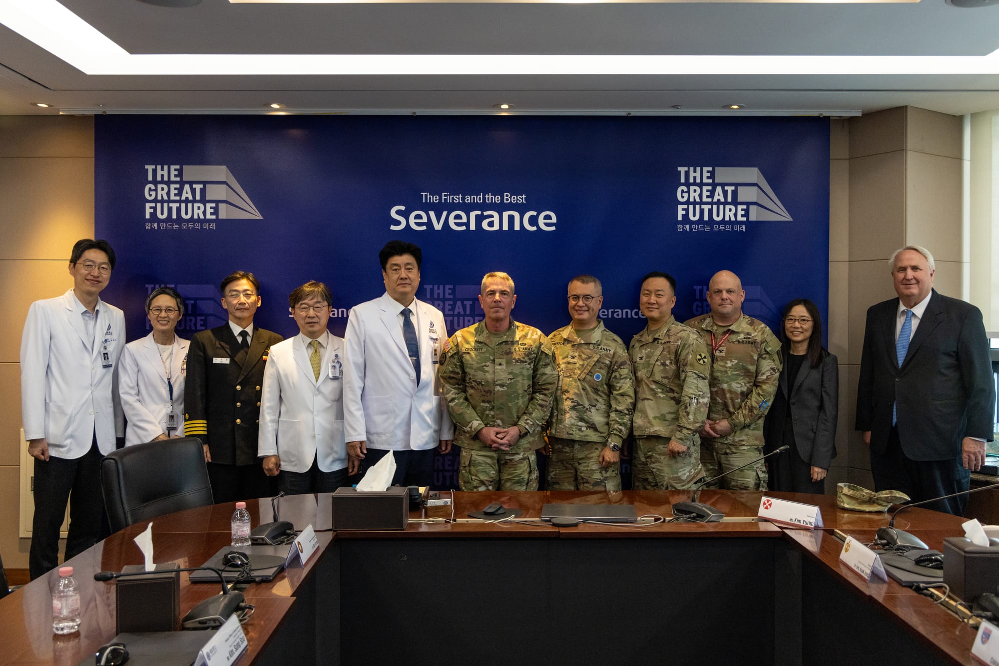 Eighth Army, Republic of Korea and Severance Hospital leaders pose for a photo at Severance Hospital in Seoul, South Korea, May 19, 2025. Representatives from Eighth Army and Severance Hospital met to reaffirm their bilateral commitment and to secure access to a helicopter landing zone at the hospital, while strengthening collaboration in patient care and fostering a vision for future training initiatives. (U.S. Army photo by Spc. Joseph Liggio)