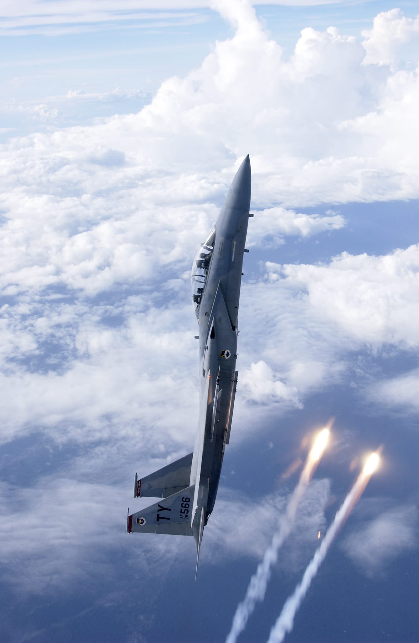 F-15D from the 325th Fighter Wing based at Tyndall Air Force Base, Florida releasing flares. This photo was used for the back cover of the March/April issue of the USAF's Air Education and Training Command's Torch Magazine, a magazine published to highlight safety issues within the USAF.