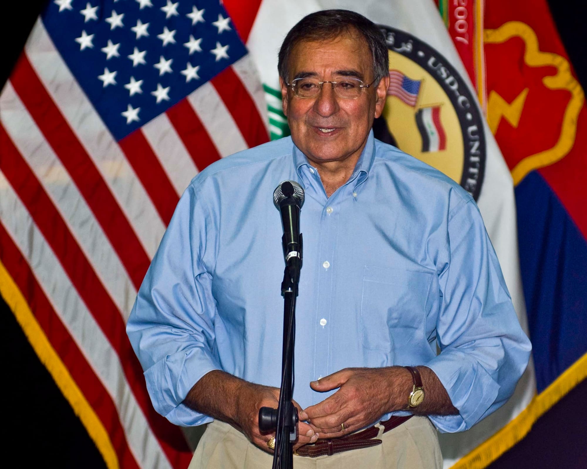 The Honorable Leon E. Panetta, Secretary of Defense, answers questions at a town hall meeting at Camp Victory, July 11, as part of his first trip to Iraq. Panetta answered service members’ questions about the proposed withdrawal date from the country, the insurgents’ use of Iranian weaponry and the future status of Reserve and National Guard units after the completion of operations in theater.
U.S. Forces Iraq
Photo by Spc. Timothy Koster
Date Taken:07.11.2011
Location:BAGHDAD, IQ

Related Photos: dvidshub.net/r/wemrv5