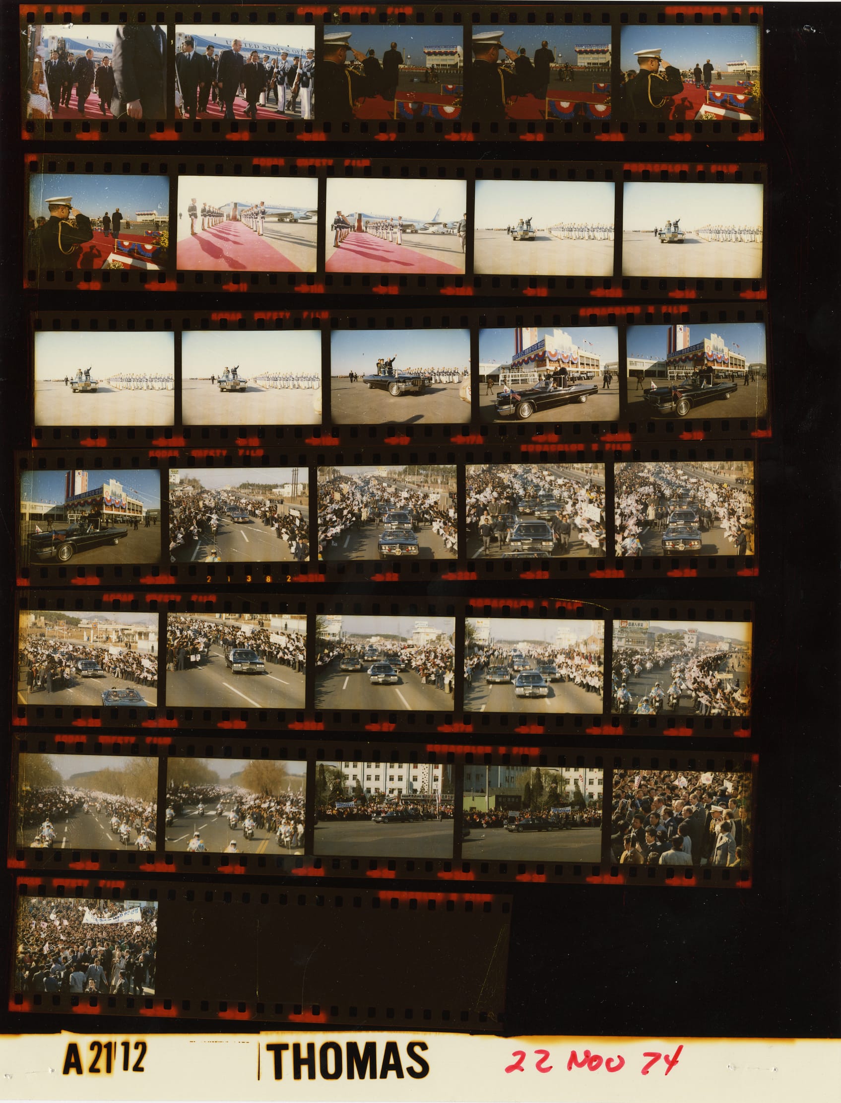 The photo contact sheet, identified as A2112 by the White House Photographic Office (WHPO), is housed at the Gerald R. Ford Presidential Library, a branch of the National Archives and Records Administration (NARA).
This file is a 200 dpi photo contact sheet having images from roll of film A2112 of the August 9, 1974 - January 20, 1977 Gerald R. Ford White House Photographic Office Series A0001-A9999 and B0001-B2886 photographs.
The date on the photo contact sheet is the date the roll of film was processed, not necessarily the date the photographs were taken. See table below for additional details.