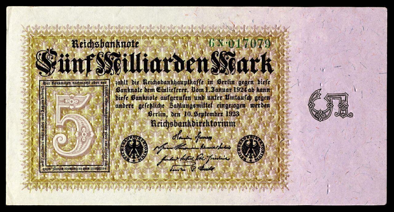 German Papiermark of the Weimar Republic, post World War I hyperinflation era (1921–24).