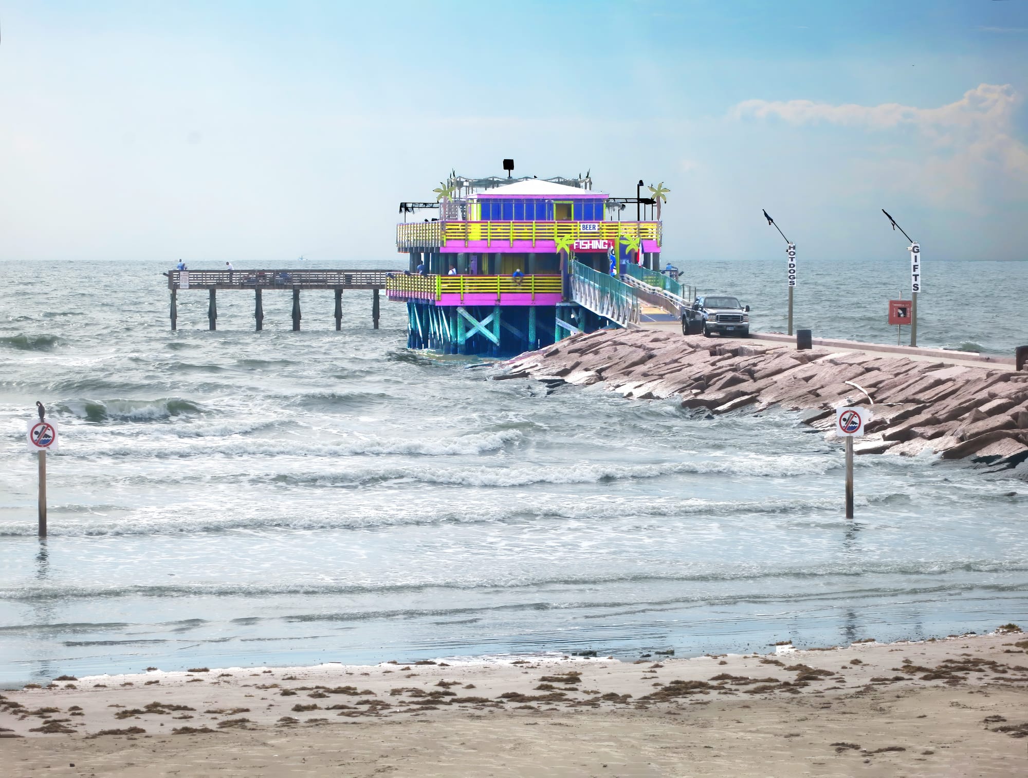 Located on the Gulf of Mexico in Galveston,, the 61st St. Fishing Pier offers fun for both families and fishermen. Bring your own rods and bait, or rent or purchase supplies in the bait and tackle shop.
In addition, they have a viewing deck for those who just want to observe and enjoy the view and actions of the fishermen.