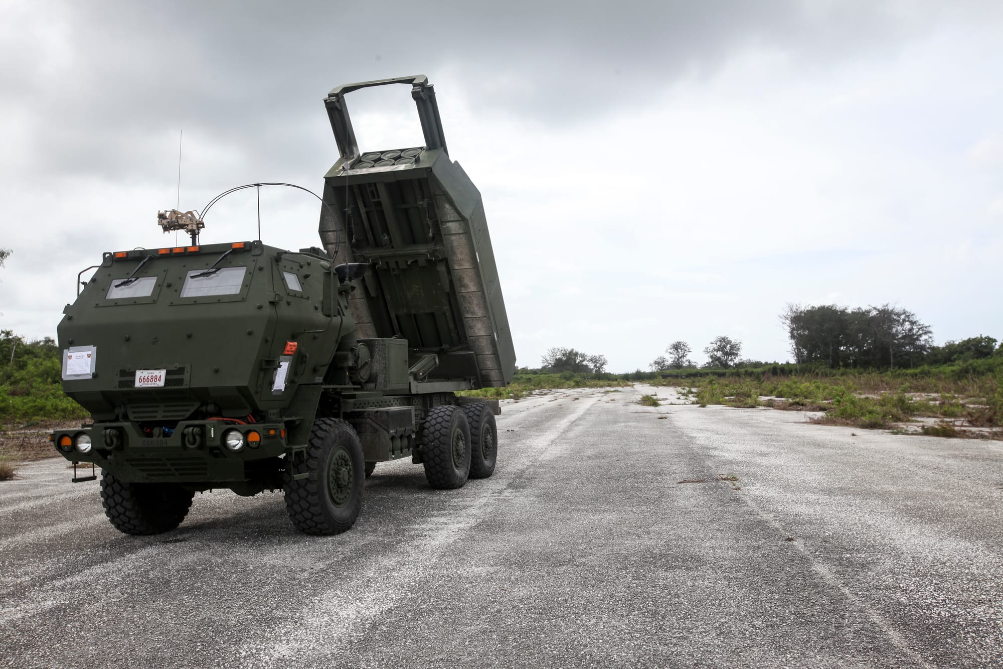 A High Mobility Artillery Rocket System practices targeting during Valiant Shield 16 on Tinian, Sept. 21, 2016. Valiant Shield is a biennial U.S. Air Force, Navy and Marine Corps exercise held in Guam, focusing on real-world proficiency in sustaining joint forces at sea, in the air, on land and in cyberspace. (U.S. Marine Corps photo by Lance Cpl. Jordan A. Talley)