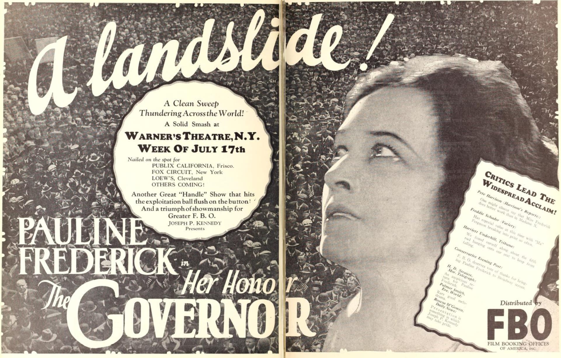 Advertisement for the American drama film Her Honor, the Governor (1926) in the Motion Picture News, 1926