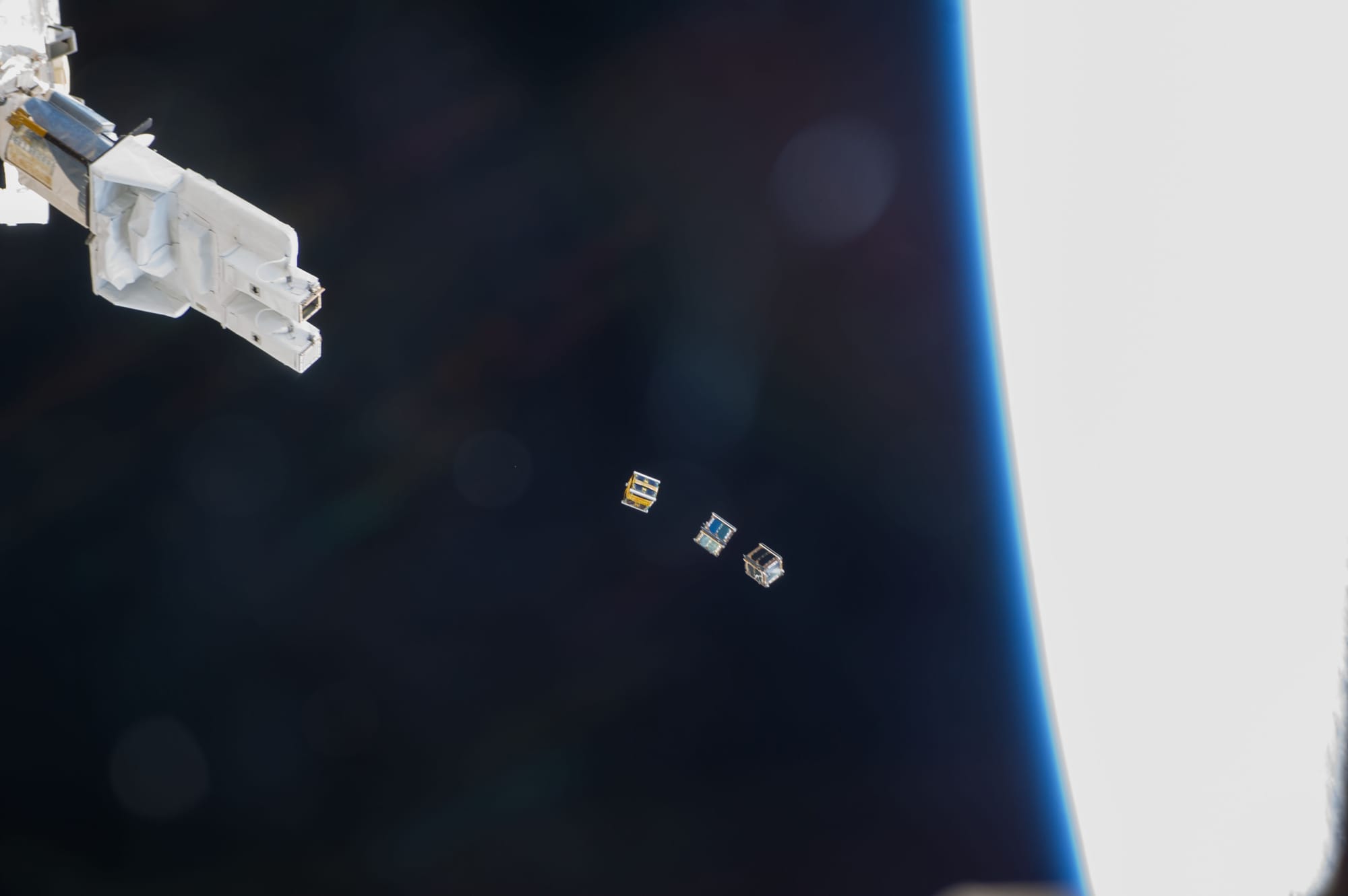 Three nanosatellites, known as Cubesats, are deployed from a Small Satellite Orbital Deployer (SSOD) attached to the Kibo laboratory's robotic arm at 7:10 a.m. (EST) on Nov. 19, 2013. Japan Aerospace Exploration Agency astronaut Koichi Wakata, Expedition 38 flight engineer, monitored the satellite deployment while operating the Japanese robotic arm from inside Kibo. The Cubesats were delivered to the International Space Station Aug. 9, aboard Japan's fourth H-II Transfer Vehicle, Kounotori-4.