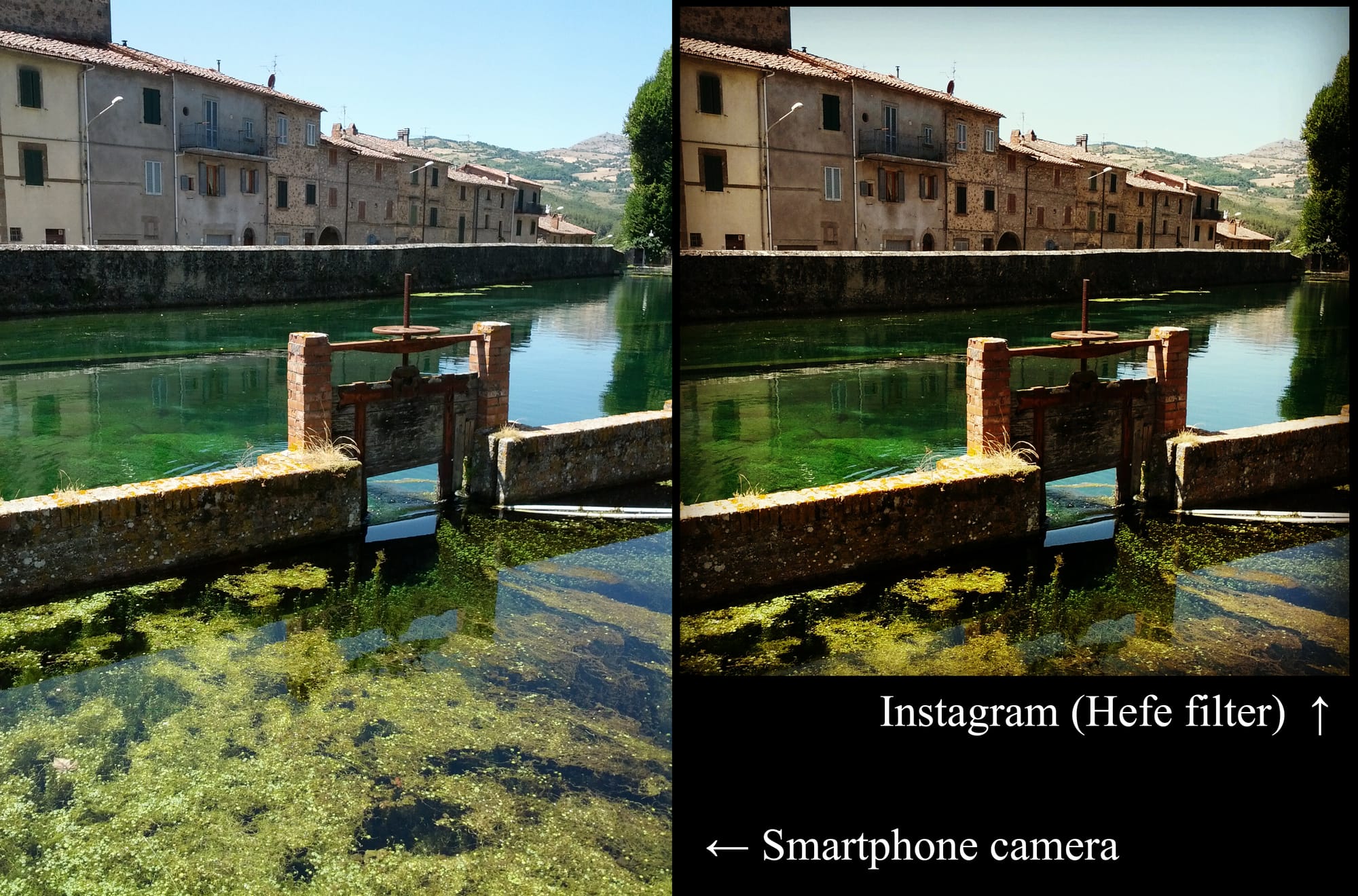 La Peschiera in Santa Fiora, Italy: with and without the Instagram Hefe filter.