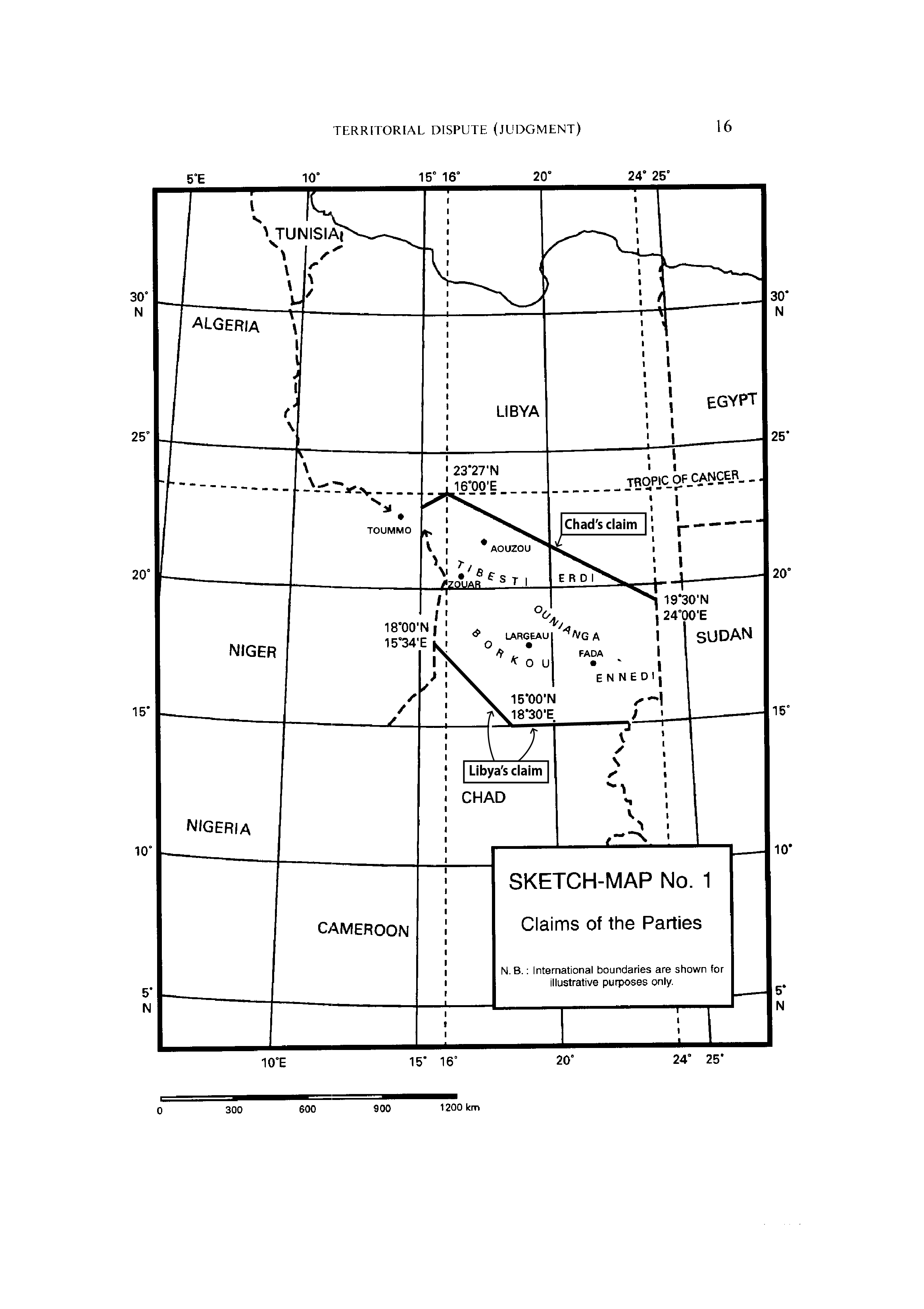 A map showing the claims of each party in the International Court of Justice "Case Concerning the Territorial Dispute (Libyan Arab Jamahiriya/Chad)"