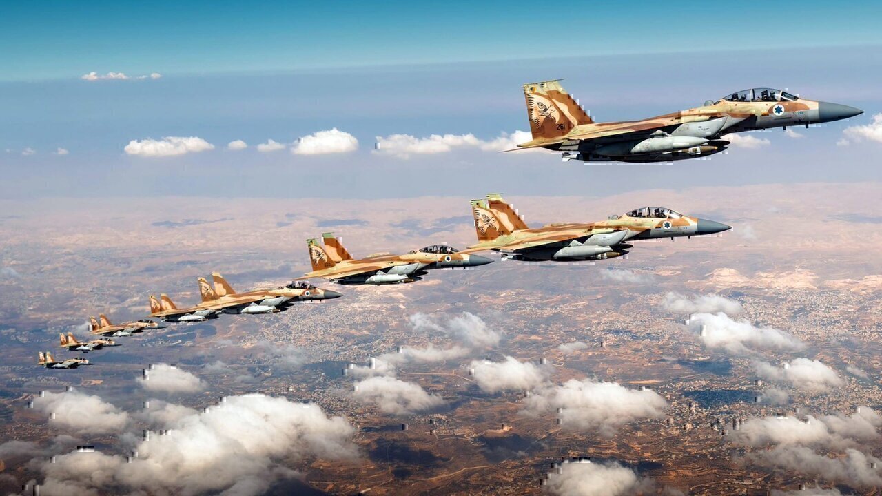 Eight Israeli Air Force F-15I Ra'am strike fighter jets of 69 Squadron "Hammers" at Hatzerim Airbase high above Israel on their way to attack Iran in mid June 2025.