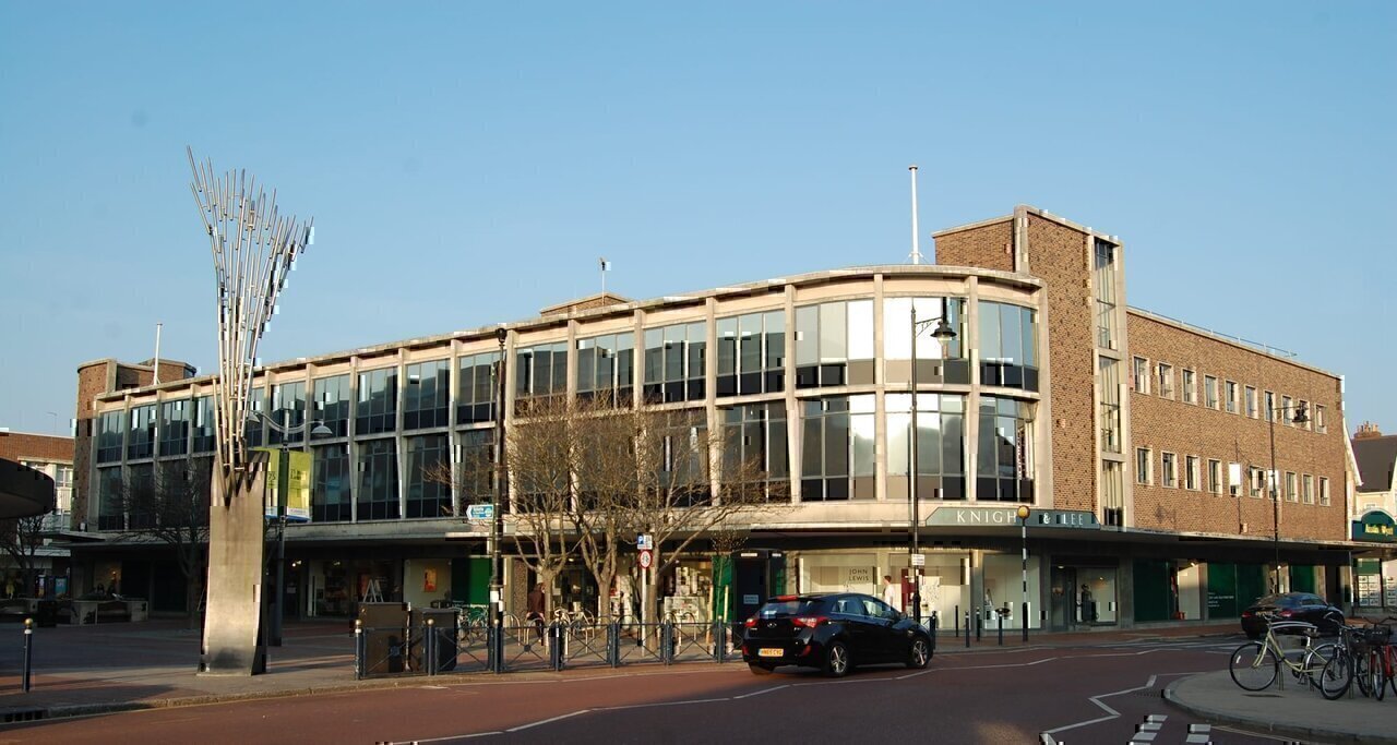 Former Knight and Lee department store, corner of Palmerston Road and Clarendon Road, Southsea, City of Portsmouth, England. Built in 1955–59; later acquired by the John Lewis Partnership; closed in July 2019; Grade II-listed in May 2021.