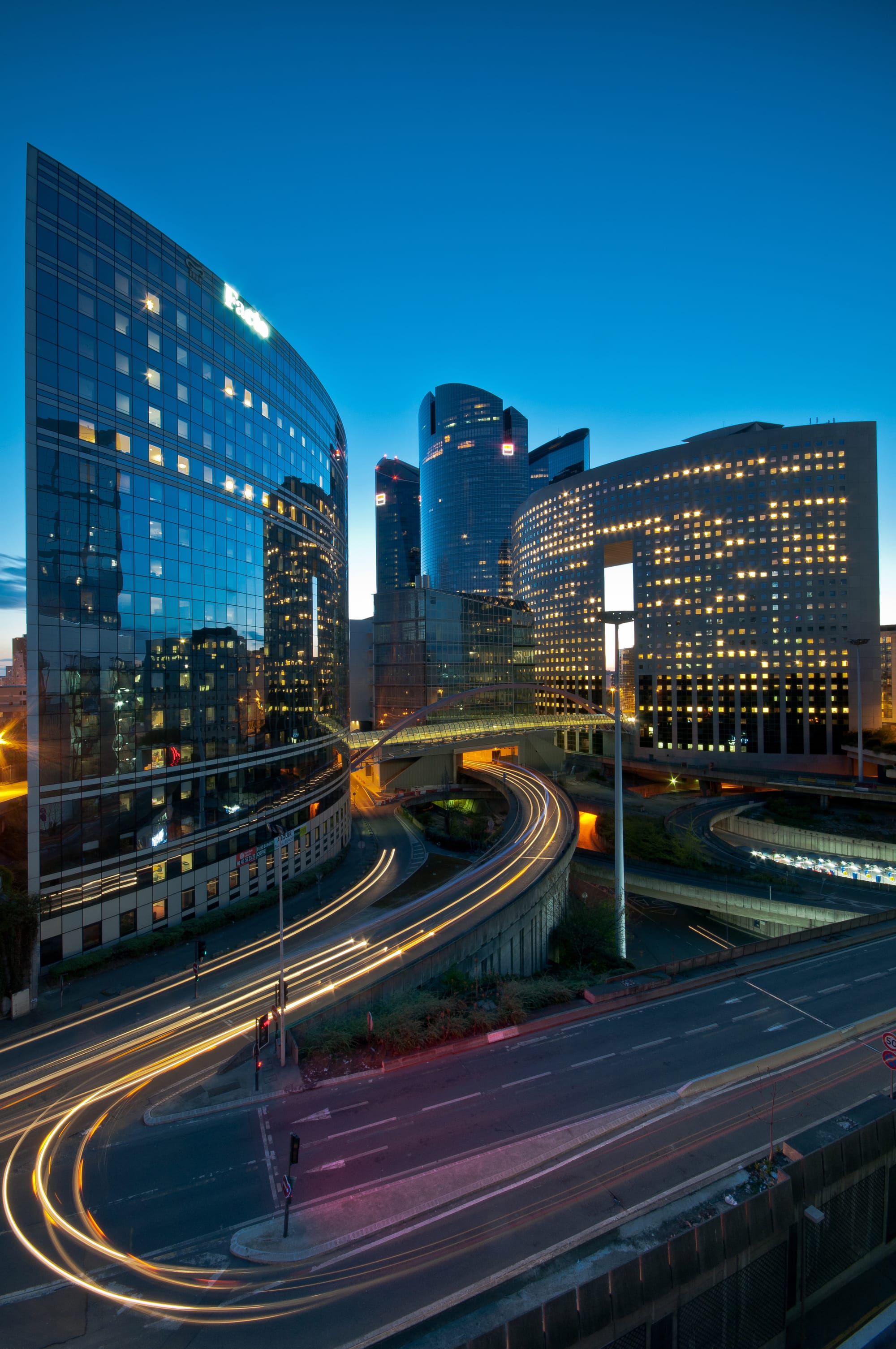 La Défense, the business district of Paris, France, by night.