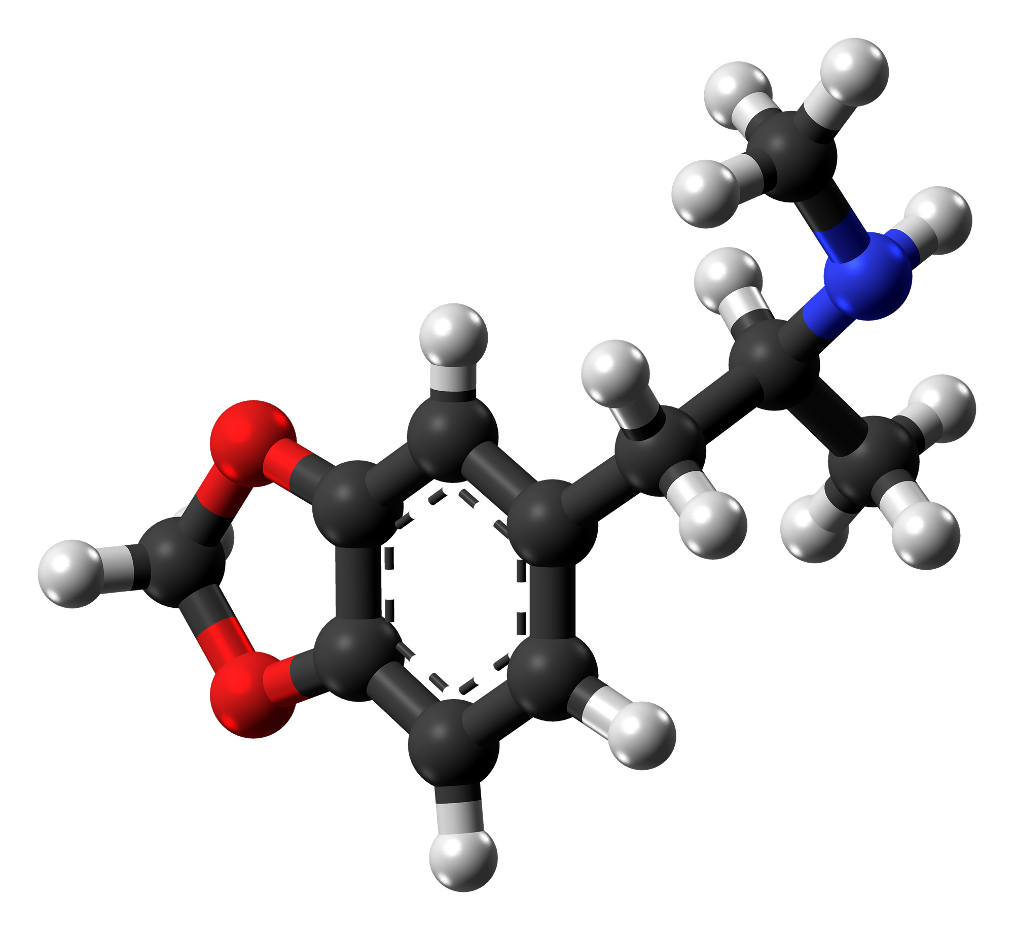 Ball-and-stick model of the 3,4-methylenedioxy-methamphetamine molecule, also known as MDMA, or ecstasy, a well-known psychoactive drug.
Based on the crystal structure of MDMA hydrochloride, as determined by X-ray diffraction.
Color code:

 &nbsp;Carbon,&nbsp;C:&nbsp;black
 &nbsp;Hydrogen,&nbsp;H:&nbsp;white
 &nbsp;Oxygen,&nbsp;O:&nbsp;red
 &nbsp;Nitrogen,&nbsp;N:&nbsp;blue