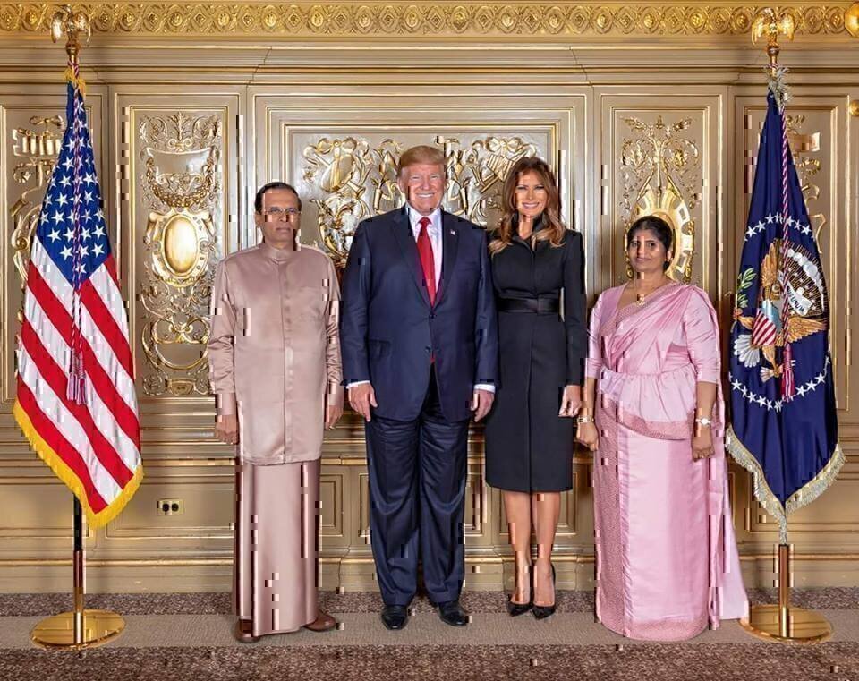 U.S. President Donald Trump and First Lady Melania Trump (center) hosted Sri Lankan President Maithripala Sirisena (left) and First Lady Jayanthi Sirisena (right) at a reception for the world leaders participating in the 73rd United Nations General Assembly in New York City.