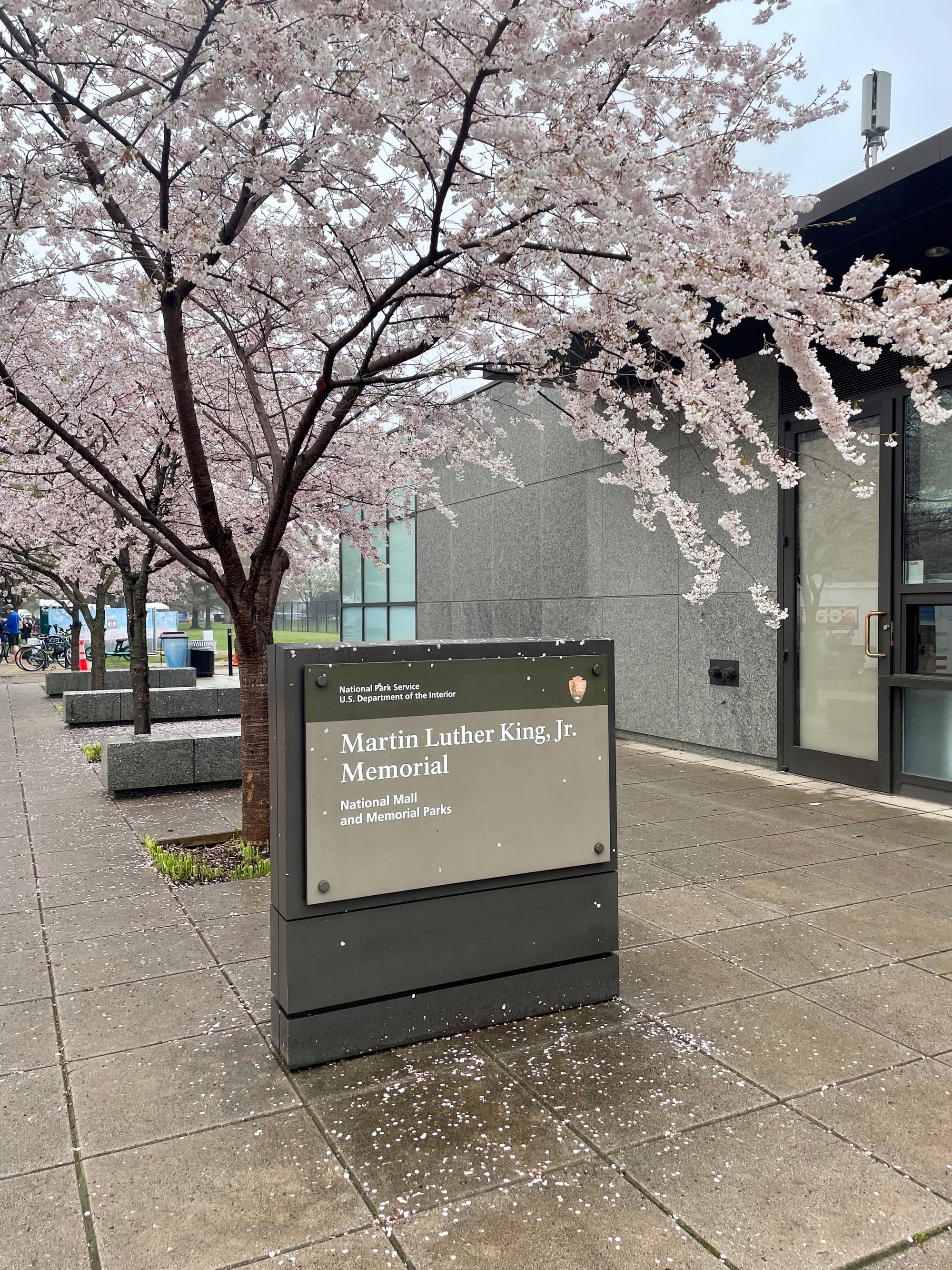 Martin Luther King, Jr.'s Memorial National Park Service sign next to the gift shop during cherry blossom season.