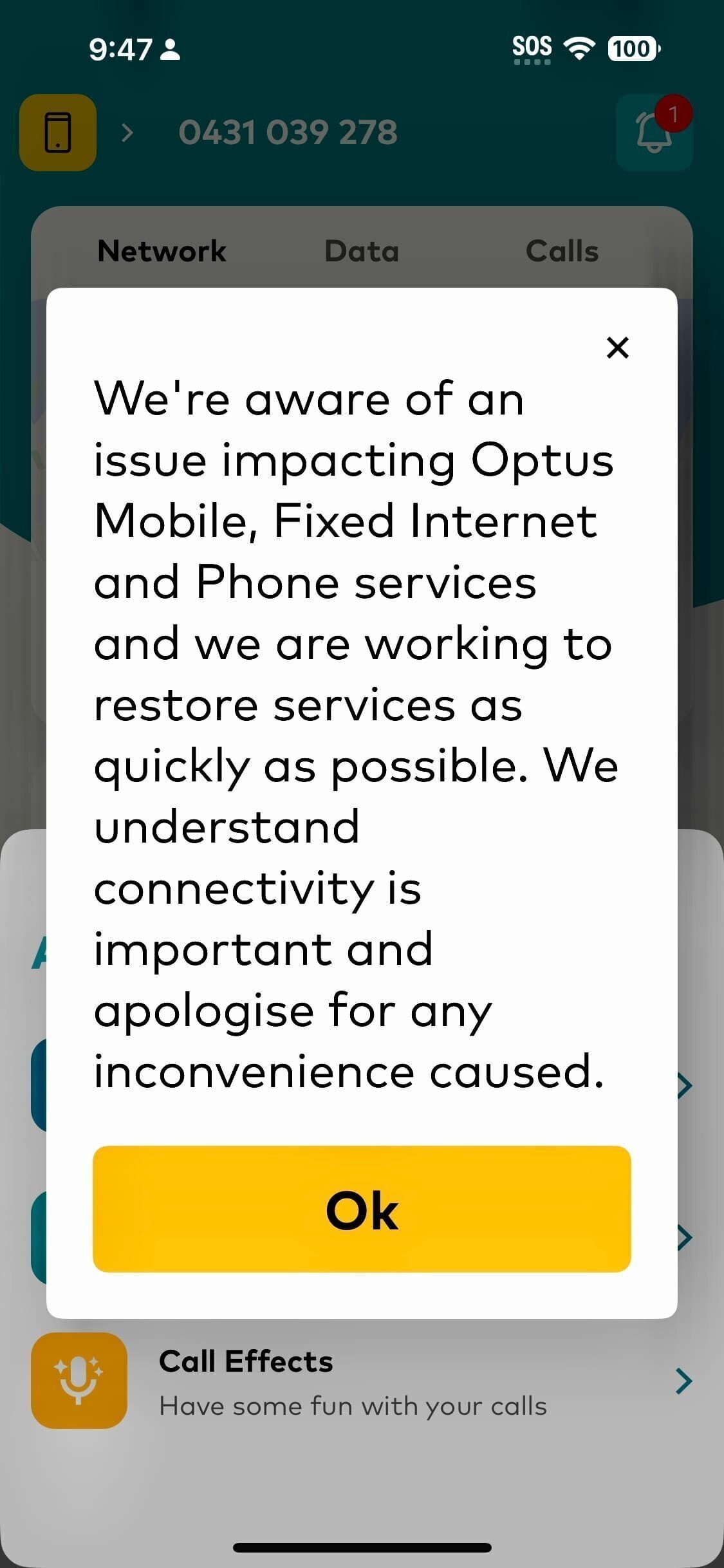Message on Optus mobile phone app during the 2023 Optus outage in Australia