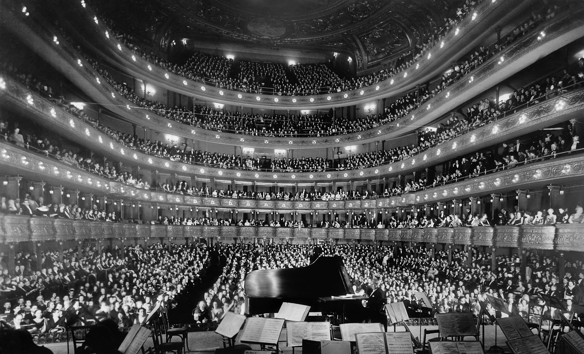 The former Metropolitan Opera House (39th St) in New York City. 
A full house, seen from the rear of the stage, at the Metropolitan Opera House for a concert by pianist Josef Hofmann, November 28, 1937.