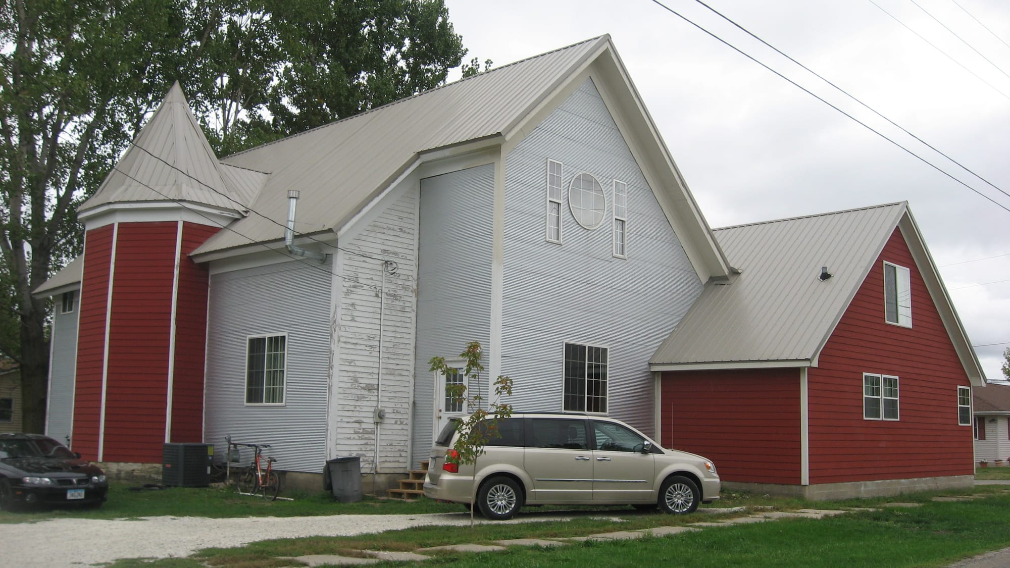 View from the southwest of the former Morning Sun Reformed Presbyterian Church (now a residence), located on the northeastern corner of the junction of Blair and Southeast Third Streets in Morning Sun, Iowa, United States.