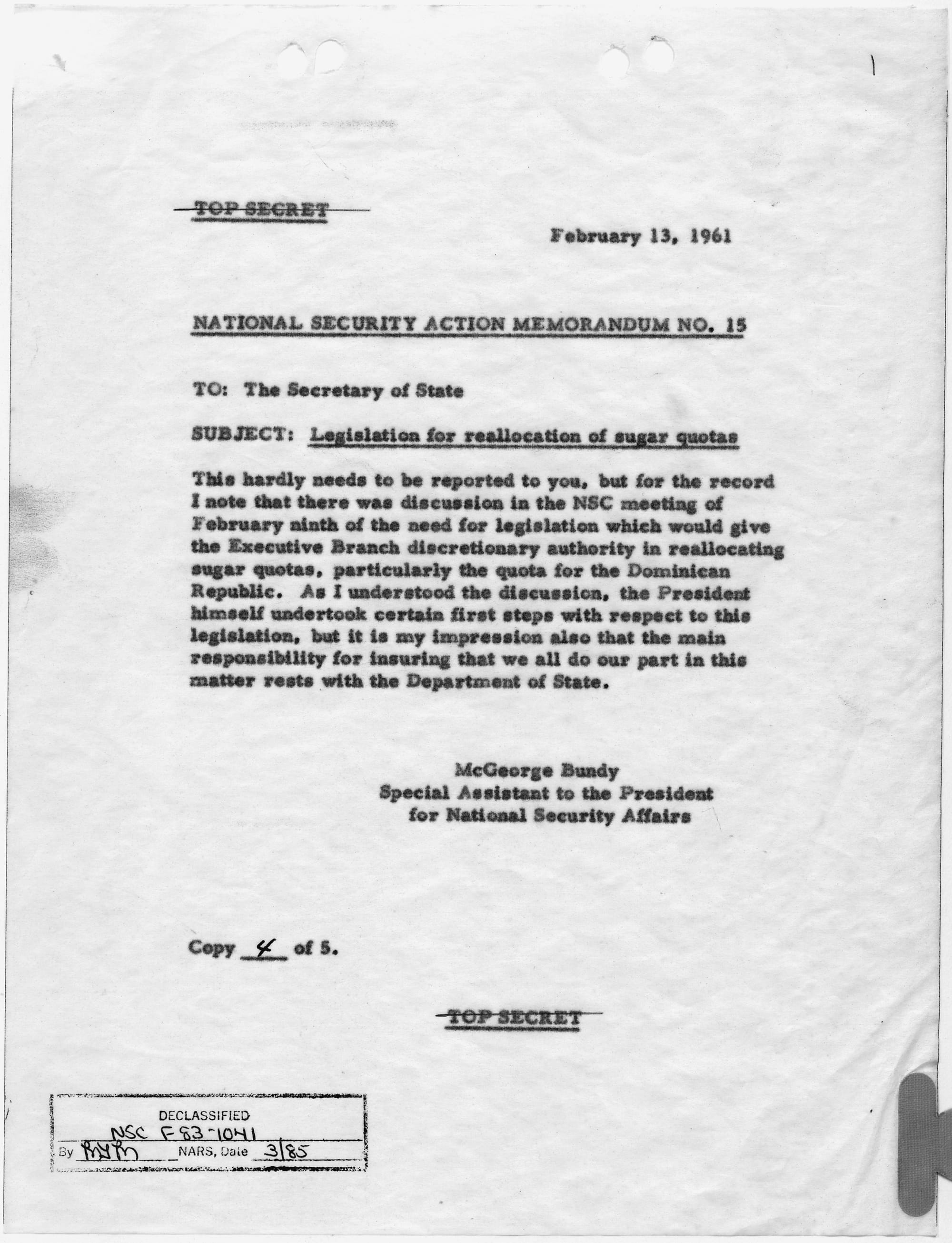 Scope and content: Memorandum for Secretary of State concerning legislation on allocating sugar quotas.