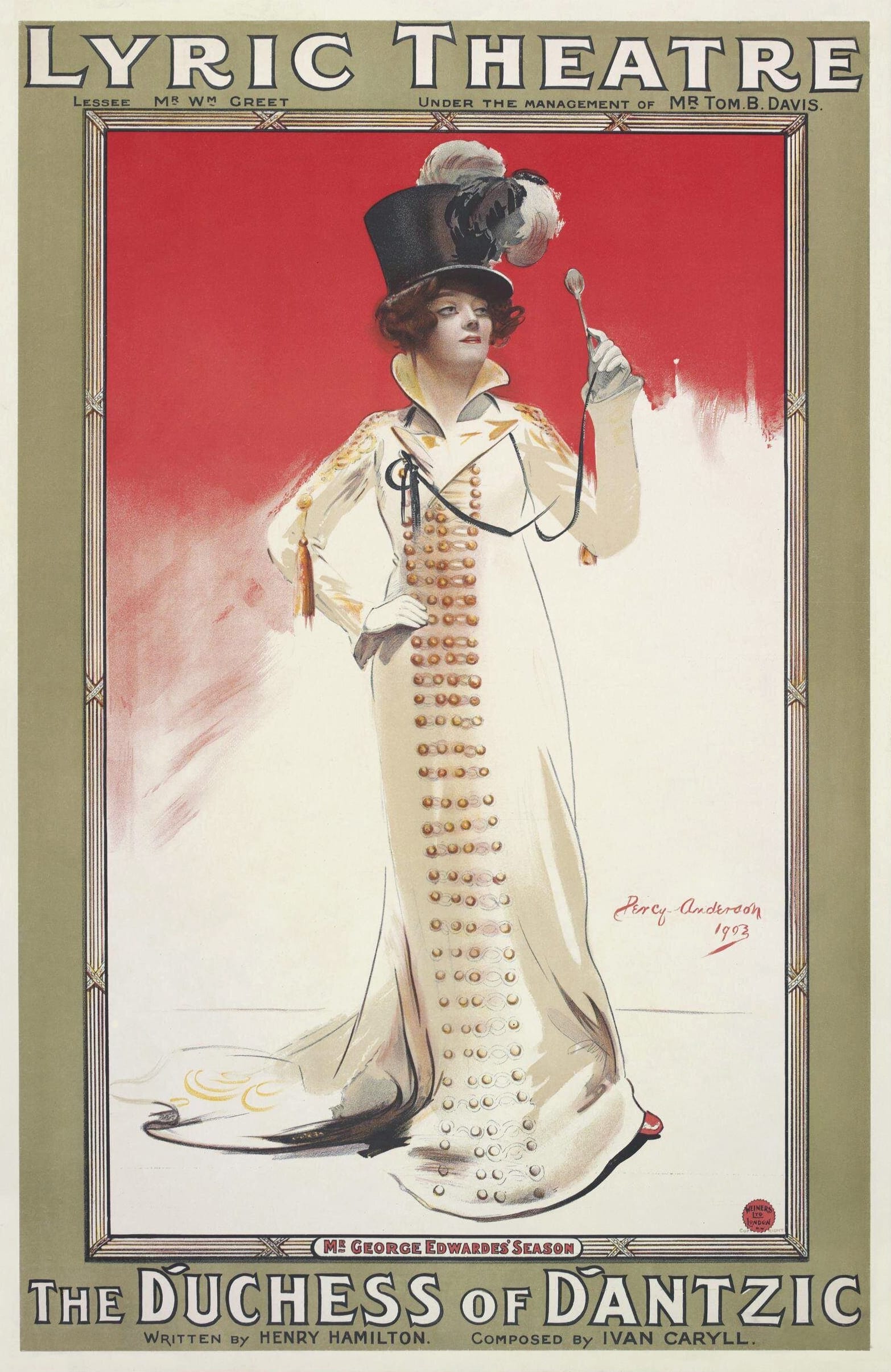 Poster for the original production of The Duchess of Dantzic at the Lyric Theatre, London, 17 October 1903. Printed by Weiners Ltd. 49×76.4cm