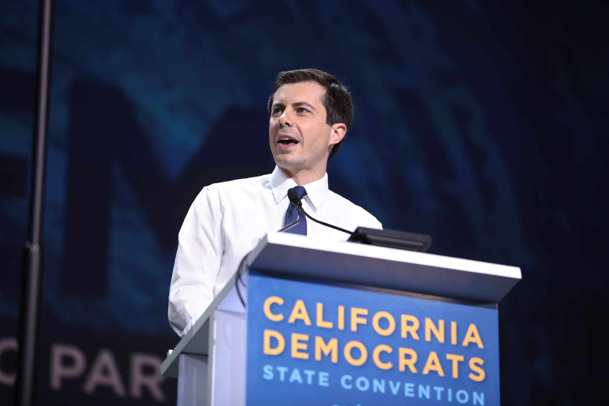 Mayor Pete Buttigieg speaking with attendees at the 2019 California Democratic Party State Convention at the George R. Moscone Convention Center in San Francisco, California.
Please attribute to Gage Skidmore if used elsewhere.