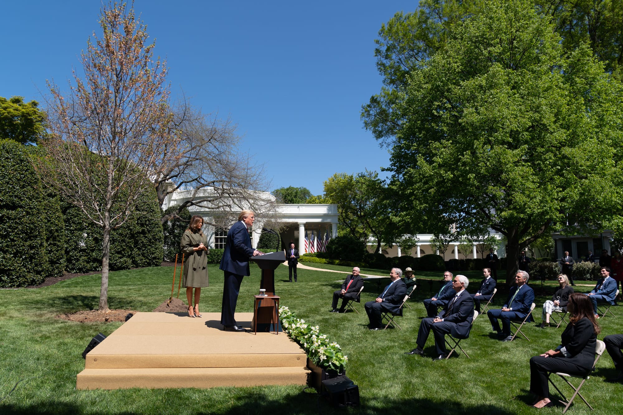 President Donald J. Trump, joined by First Lady Melania Trump, delivers remarks during a tree planting ceremony in honor of Earth Day and Arbor Day Wednesday, April 22, 2020, on the South Lawn of the White House. (Official White House Photo by Andrea Hanks)