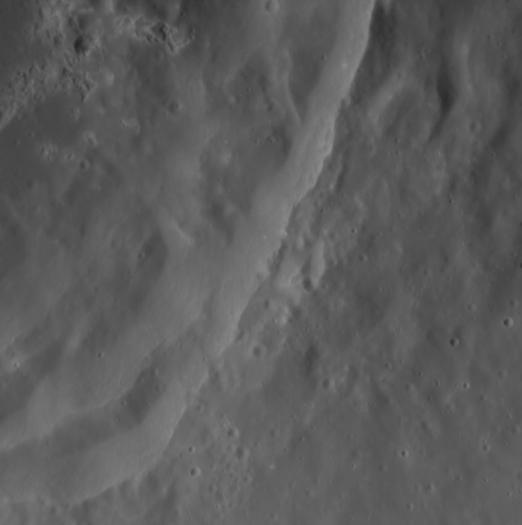 Southeastern rim of Price crater on Mercury, showing detail of hollows in upper left corner.  MESSENGER Narrow Angle Camera.  Approximate north is at top.
Max Emission Angle: 18.931459522262
Max Incidence Angle: 60.226724005855
Max Phase Angle: 78.841716055252
Mean Ground Resolution: 11.988124177651
Min Emission Angle: 17.116680766258
Min Incidence Angle: 59.918310670916
Min Phase Angle: 77.340872279416
