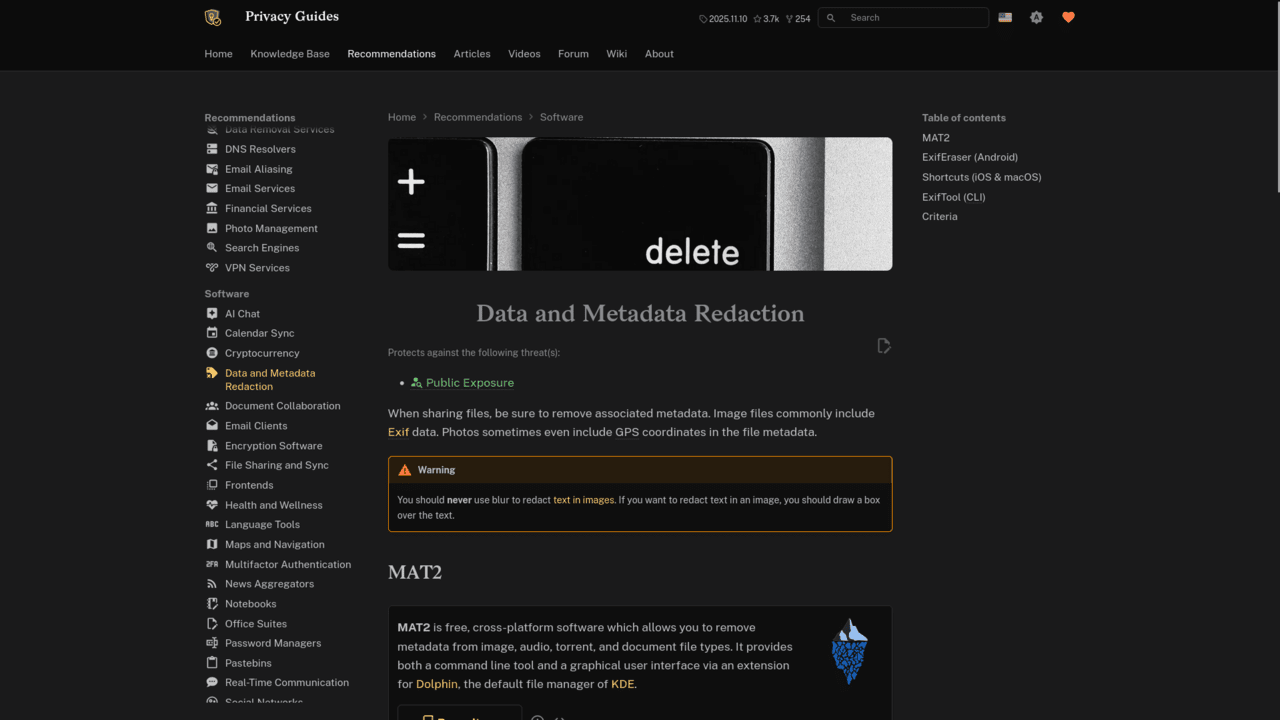 Screenshot from privacyguides.org showing the recommendations page for data and metadata redaction tools.