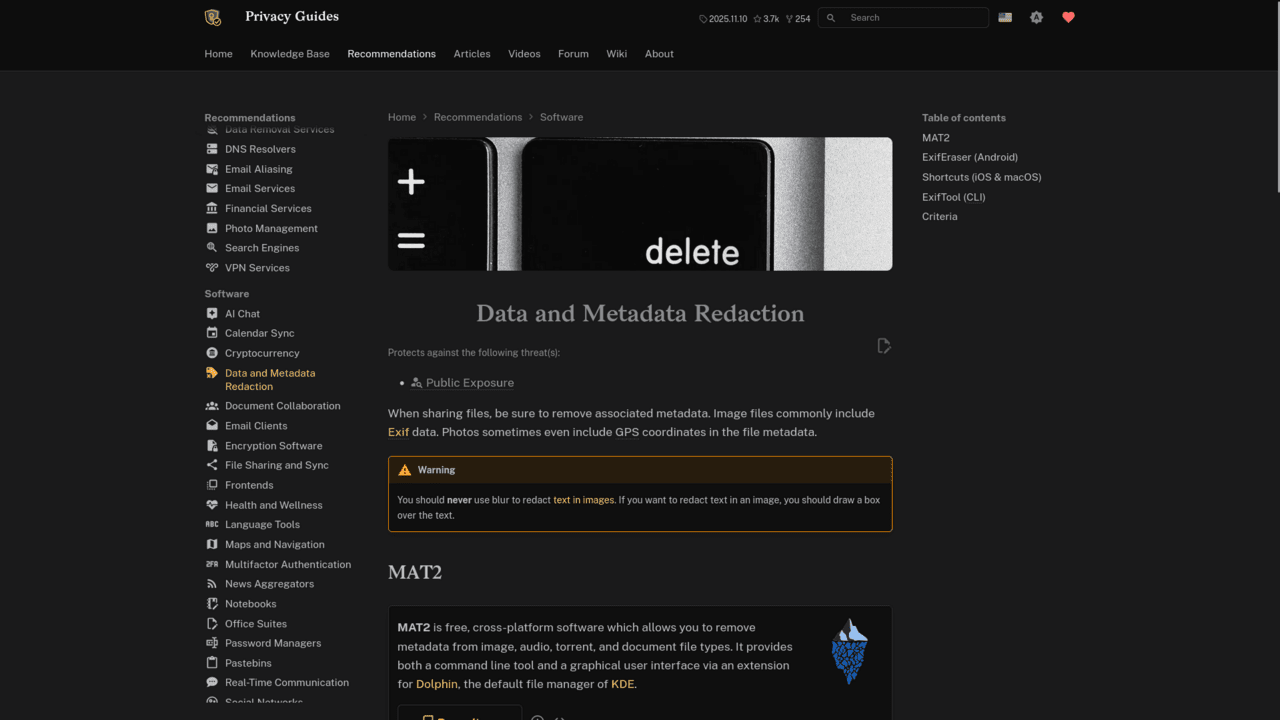 Screenshot from privacyguides.org showing the recommendations page for data and metadata redaction tools.