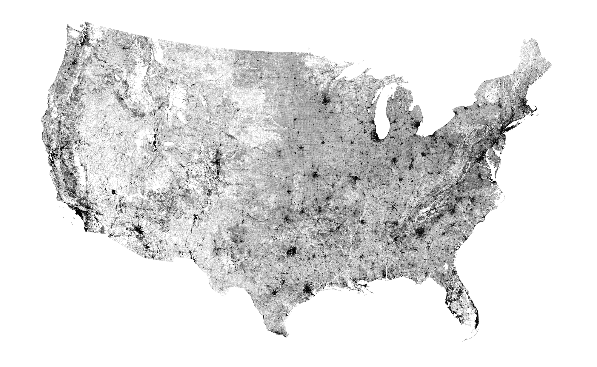 Every public road in the contiguous United States, based on the 2018 U.S. Census TIGER dataset, with no other underlying map features. The data can be retrieved from the U.S. Census Bureau website, and was rendered using QGIS on the Albers Equal-Area Projection.
