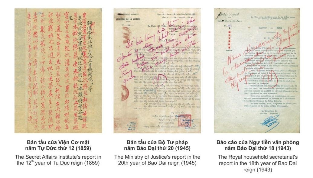 A Vietnamese document produced during the Nguyễn Dynasty period showcasing red inked text by the Emperor after it was submitted for approval.