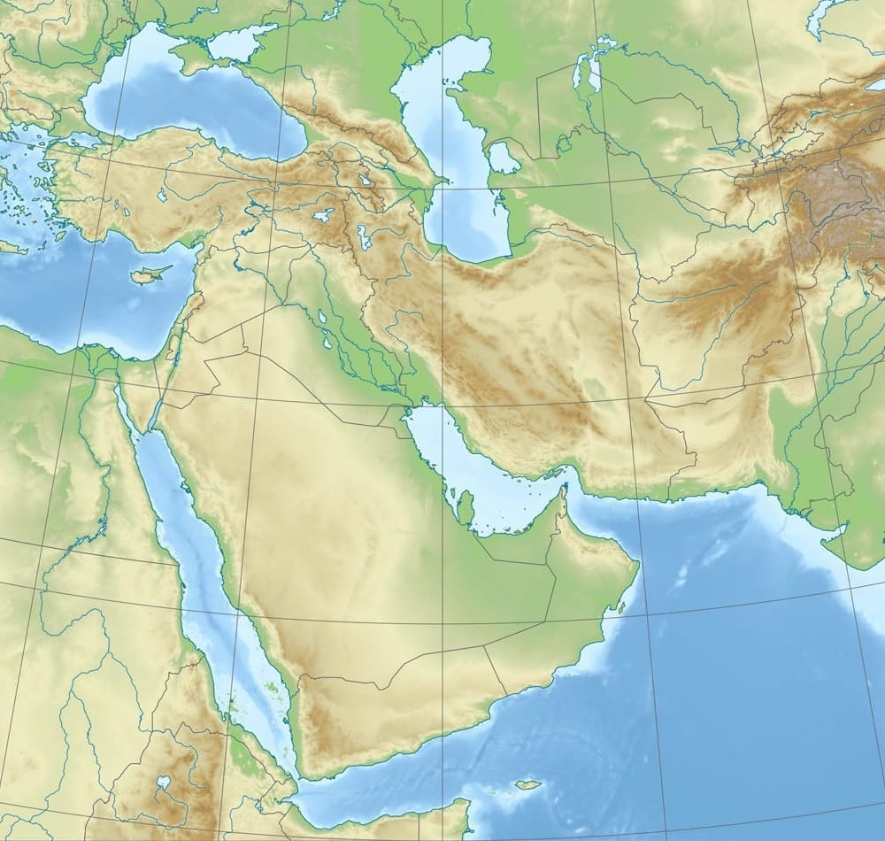 Topographic location map of the Middle East. Cylindrical projection centered on 50°E with standard parallels 20°N and 40°N.
Geolocation formulas for latitude {{{2}}} and longitude {{{1}}}&nbsp;:

x = 50 + 214.8592 * (2.238026669-({{2}}}*pi / 180)) * sin(0.497465385 * ({{{1}}} - 50) * pi / 180) * 0.654
y = 48.31579 - 148.0644 * (1.714427893 - (2.238026669-({{{2}}}*pi / 180)) * cos(0.497465385 * ({{{1}}} - 50) * pi / 180))