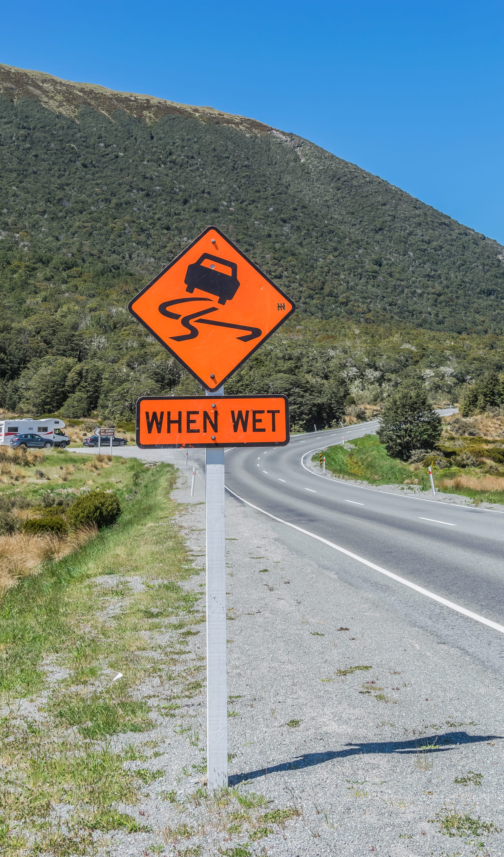 Road sign on the side of the State Highway 7 at Lewis Pass, South Island of New Zealand