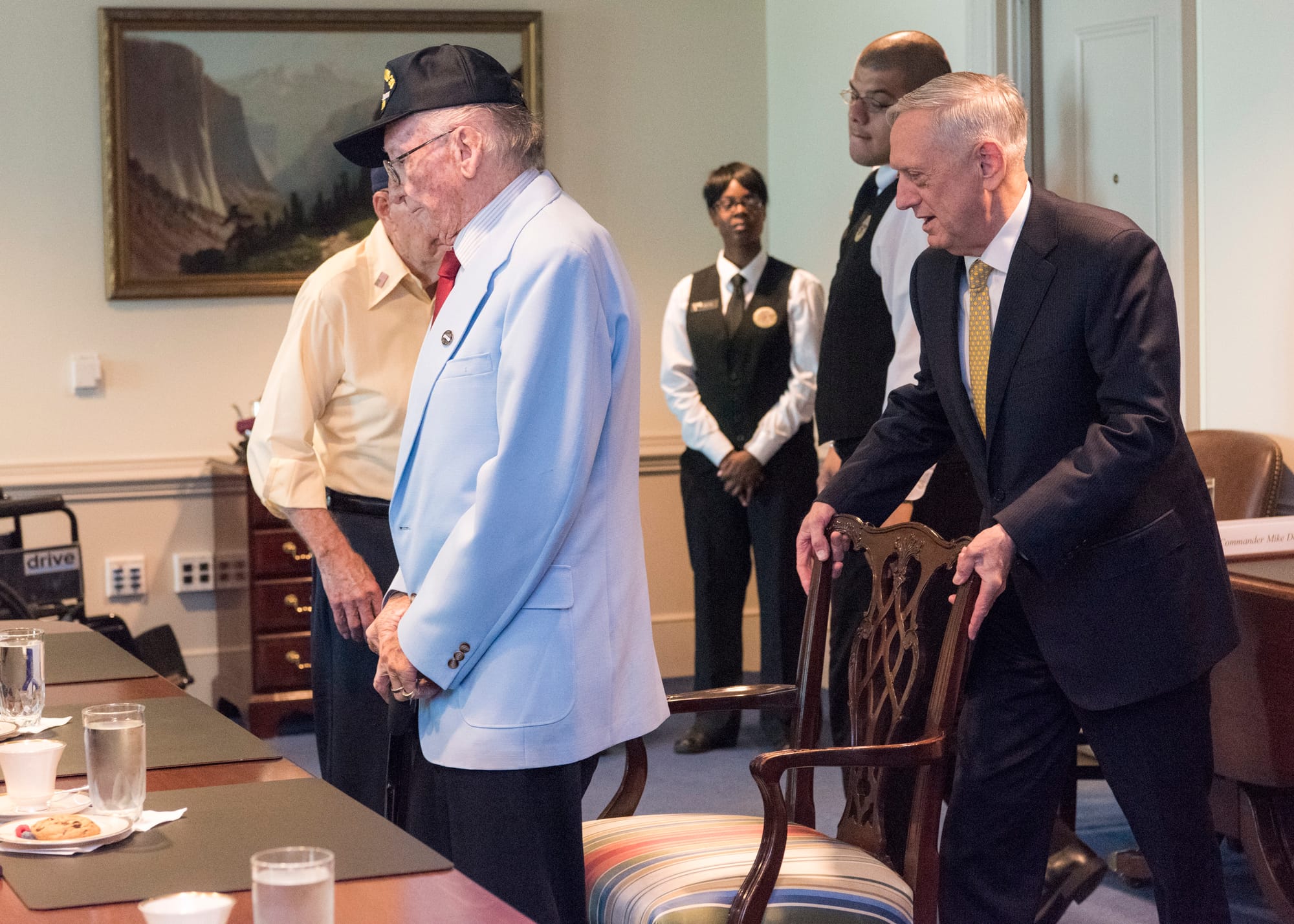Secretary of Defense Jim Mattis helps USS Arizona survivor Donald Stratton sit down before meeting with Marine Corps Gen. Joseph F. Dunford Jr., chairman of the Joint Chiefs of Staff, and Navy Adm. John Richardson, Chief of Naval Operations, at the Pentagon in Arlington, VA, July 21, 2017. (DOD photo by U.S. Navy Petty Officer 2nd Class Dominique A. Pineiro)
Unit: Office of the Chairman of the Joint Chiefs of Staff
DVIDS Tags: president; Department of Defense; DOD; pentagon; secretary of defense; potus; mattis; pence; jim; vpotus; secdef; washington; dc; defense; secretary; donald trump; trump; Jim Mattis; JimMattis