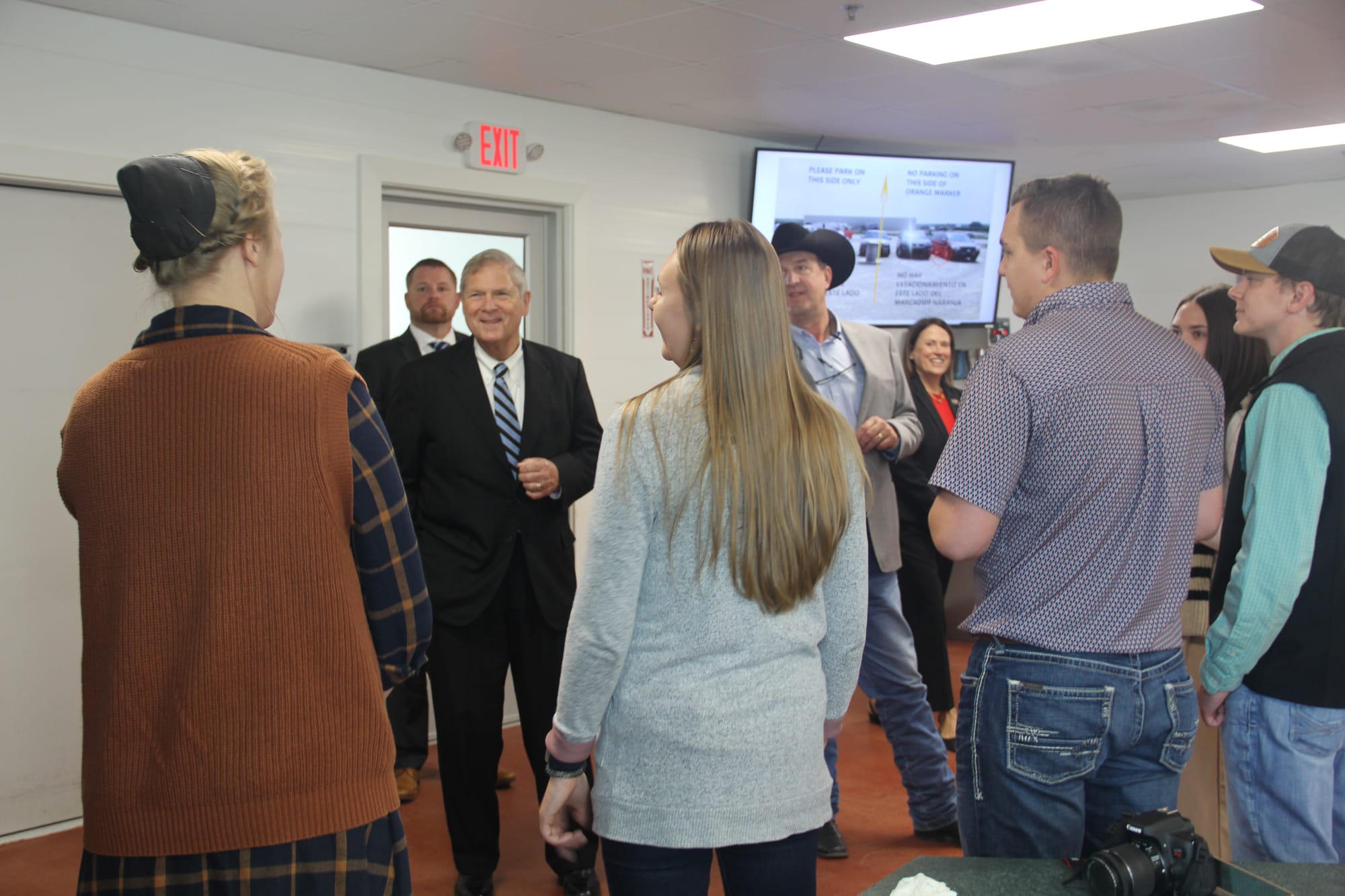 On October 10, 2023, U.S. Department of Agriculture (USDA) Secretary Tom Vilsack traveled to the town of Lime Springs in Howard County, Iowa, to tour the expansion of Upper Iowa Beef and meet with leadership. In November 2022, the independently owned beef processor received an $8.8 million grant from USDA’s Meat and Poultry Processing Expansion Program to increase capacity. Inside the facility, Secretary Vilsack met with young leaders in the company. From left to right: Kara Holdeman, Cattle Procurement Clerk; Secretary Vilsack; Autumn Feine, Process Verified Programs (PVP) Coordinator; Ed Greiman, General Manager; Theresa Greenfield, USDA Rural Development State Director in Iowa; Sam Bobendrier, Export Coordinator; Reilly Berns, Quality Assurance Superintendent. USDA media by Cecilia Lynch.