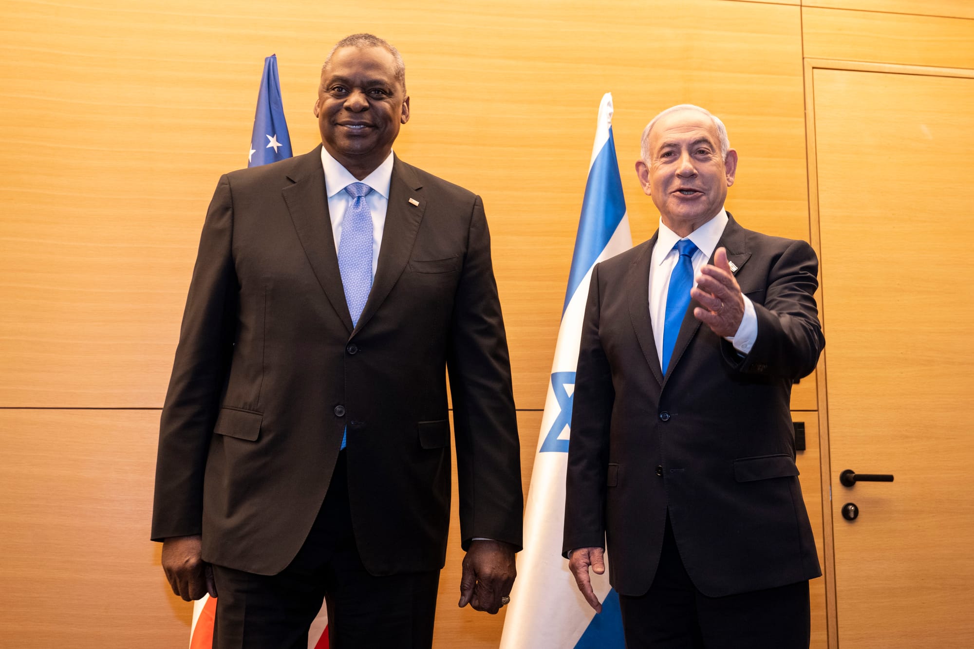Secretary of Defense Lloyd J. Austin III meets with Israeli Prime Minister Benjamin Netanyahu in Tel Aviv, Israel, to discuss regional security, opportunities to expand military cooperation, and escalating violence in the West Bank, March 9, 2023. (DoD photo by U.S. Navy Petty Officer 2nd Class Alexander Kubitza)
