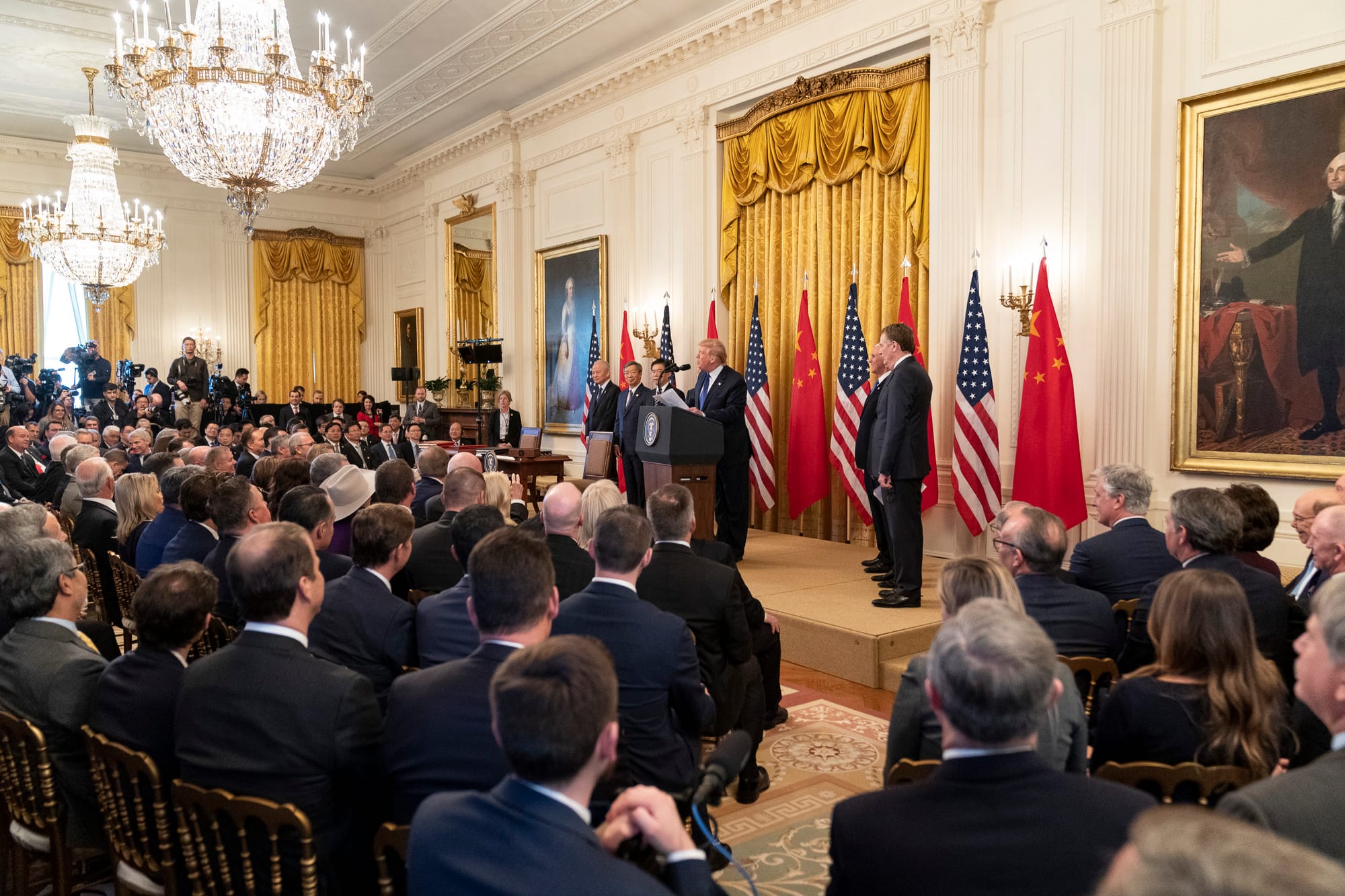 President Donald J. Trump, joined by Vice President Mike Pence and Chinese Vice Premier Liu He, delivers remarks prior the signing ceremony of the U.S. China Phase One Trade Agreement Wednesday, Jan. 15, 2020, in the East Room of the White House. (Official White House Photo by Shealah Craighead)
