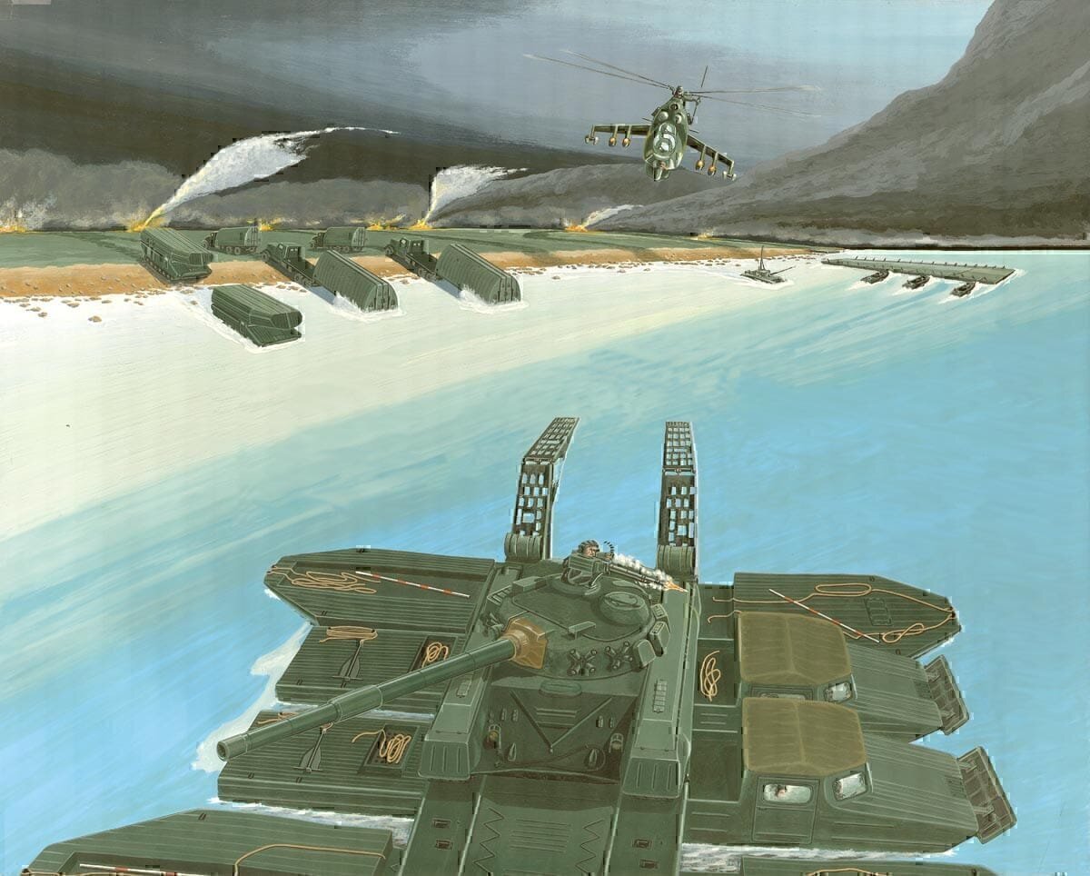 Soviet Tanks Crossing a River by Ronald C. Wittmann, 1985: In the mid-1980s, 28,000 of the USSR's 52,000 main battle tanks threatened NATO in Central Europe. The Soviets also pre-positioned some 27,000 meters of pontoon bridges and other river crossing equipment in Eastern Europe to speed the forward thrust of the Red Army's tank and motorized rifle divisions in the event of conflict.