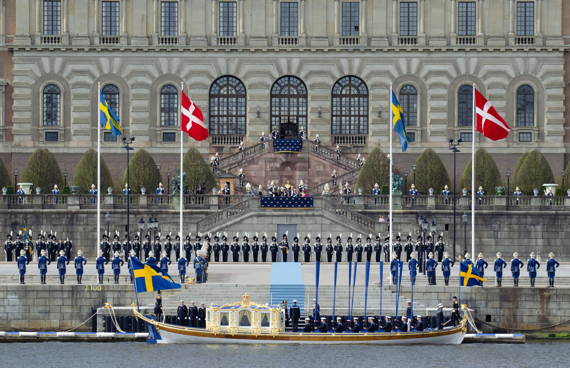 King Frederik and Queen Mary on a state visit to Sweden on 6-7 May 2024. They arrive with the Royal Order of Vasa across the Salt Lake and disembark at the Logård Stairs at Stockholm Palace where the Swedish royal couple receive. The Order of Vasa also includes Crown Princess Victoria and Prince Daniel.