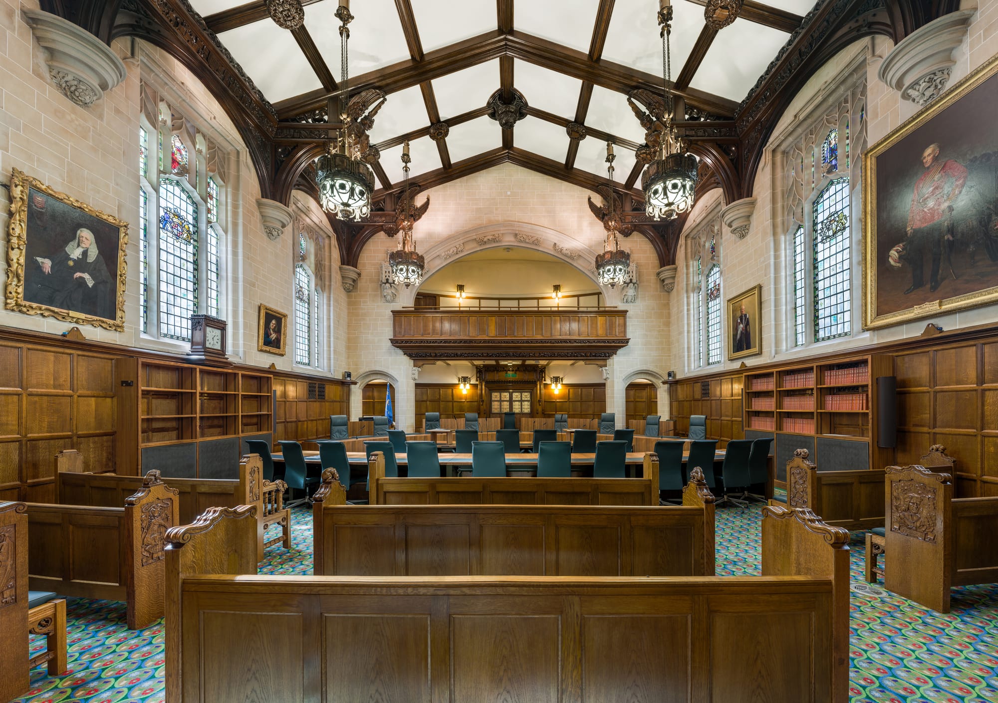 The interior of Court 1, the largest of the three courtrooms of the Supreme Court of the United Kingdom in Middlesex Guildhall, London, England.
