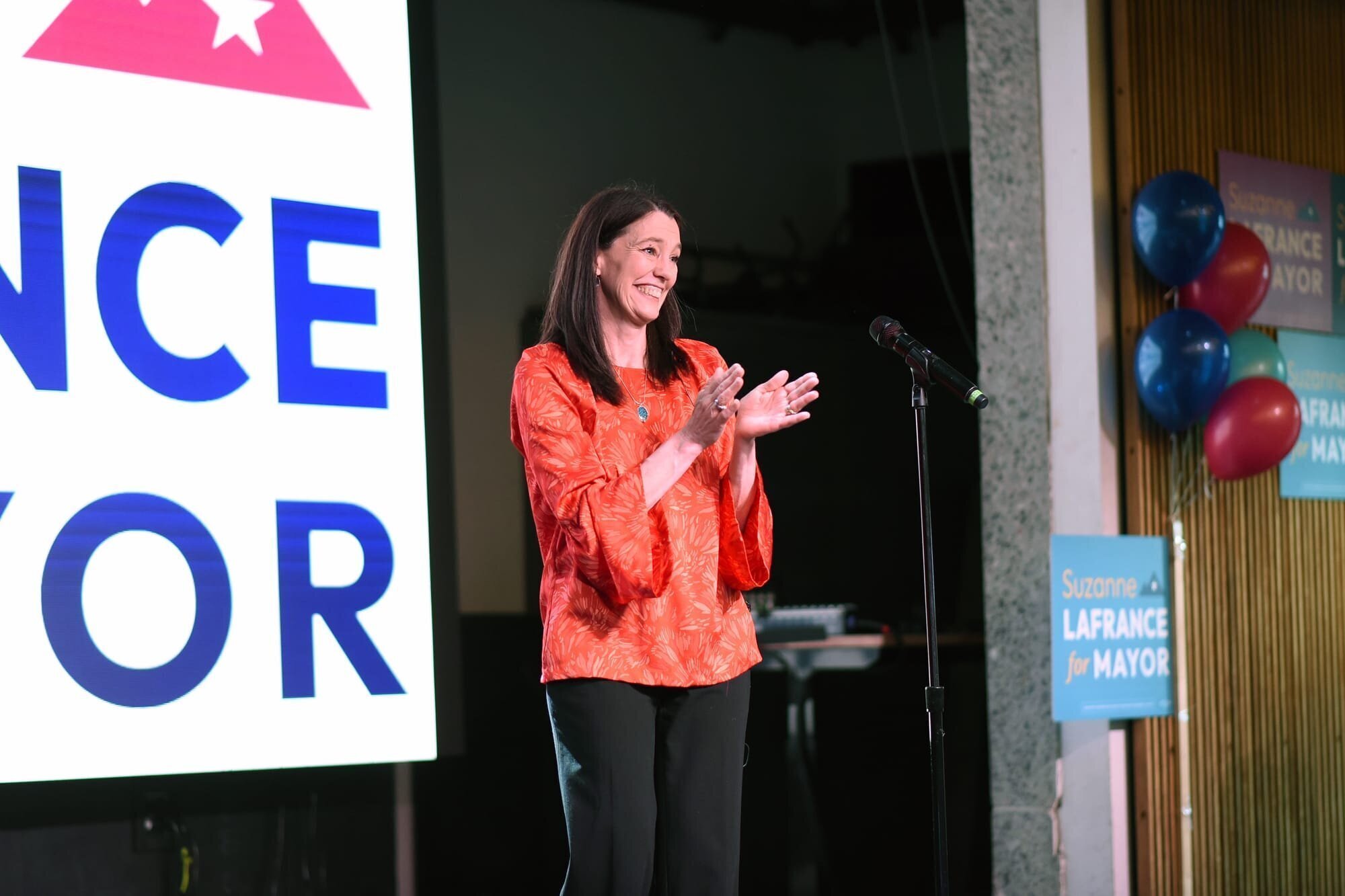 Images from Suzanne LaFrance's May 14, 2024 election night party. Early results showed LaFrance holding a commanding lead over incumbent Anchorage mayor Dave Bronson.
Photo credit: "Photo used via Creative Commons license courtesy Paxson Woelber, the Alaska Landmine"