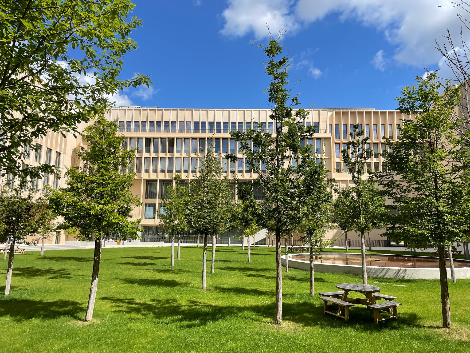 Main court of the building of Telecom Paris, Telecom SudParis, and Institut Mines-Telecom in Palaiseau/France, looking North.