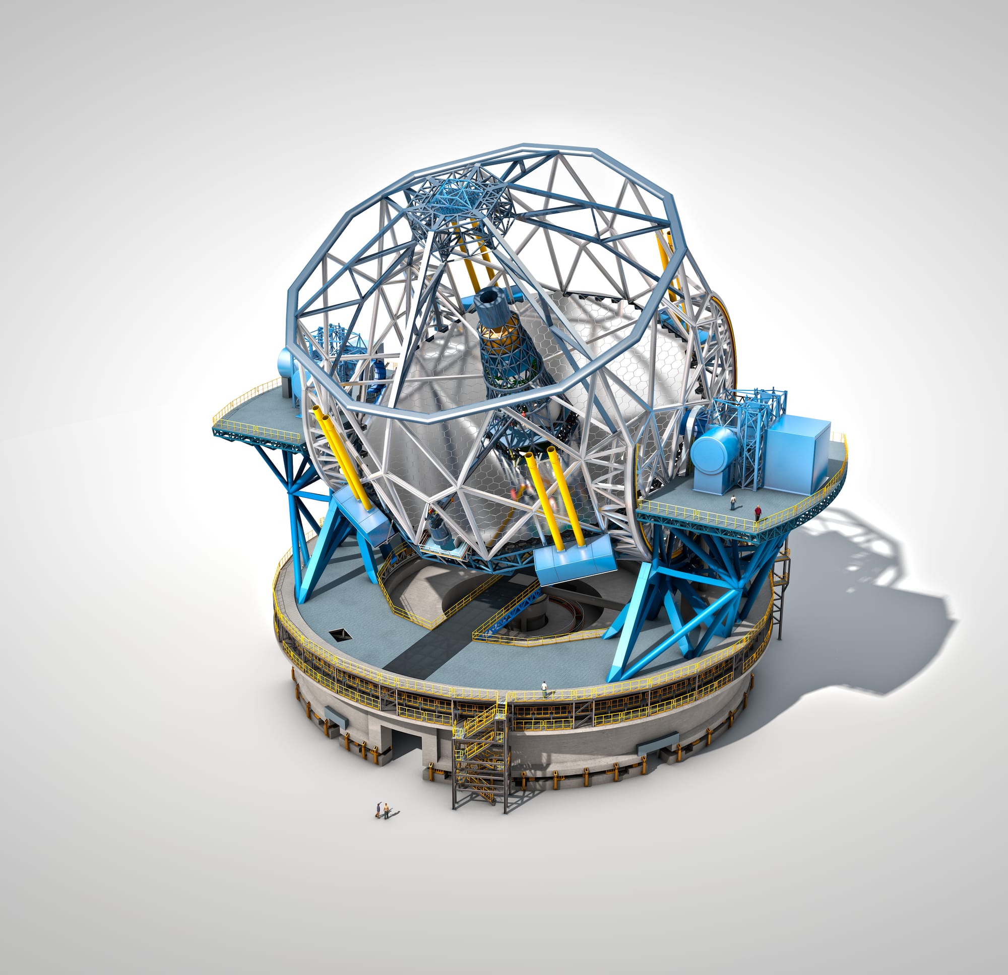 The European Extremely Large Telescope (E-ELT), with a main mirror 39 metres in diameter, will be the world’s biggest eye on the sky when it becomes operational early in the next decade.  The E-ELT will tackle the biggest scientific challenges of our time, and aim for a number of notable firsts, including tracking down Earth-like planets around other stars in the “habitable zones” where life could exist — one of the Holy Grails of modern observational astronomy. 
The telescope design itself is revolutionary and is based on a novel five-mirror scheme that results in exceptional image quality. The primary mirror consists of almost 800 segments, each 1.4 metres wide, but only 50 mm thick.  The optical design calls for an immense secondary mirror 4.2 metres in diameter, bigger than the primary mirrors of any of ESO's telescopes at La Silla.
Adaptive mirrors are incorporated into the optics of the telescope to compensate for the fuzziness in the stellar images introduced by atmospheric turbulence. One of these mirrors is supported by more than 6000 actuators that can distort its shape a thousand times per second.
The telescope will have several science instruments. It will be possible to switch from one instrument to another within minutes. The telescope and dome will also be able to change positions on the sky and start a new observation in a very short time.

The very detailed design for the E-ELT shown here is preliminary.