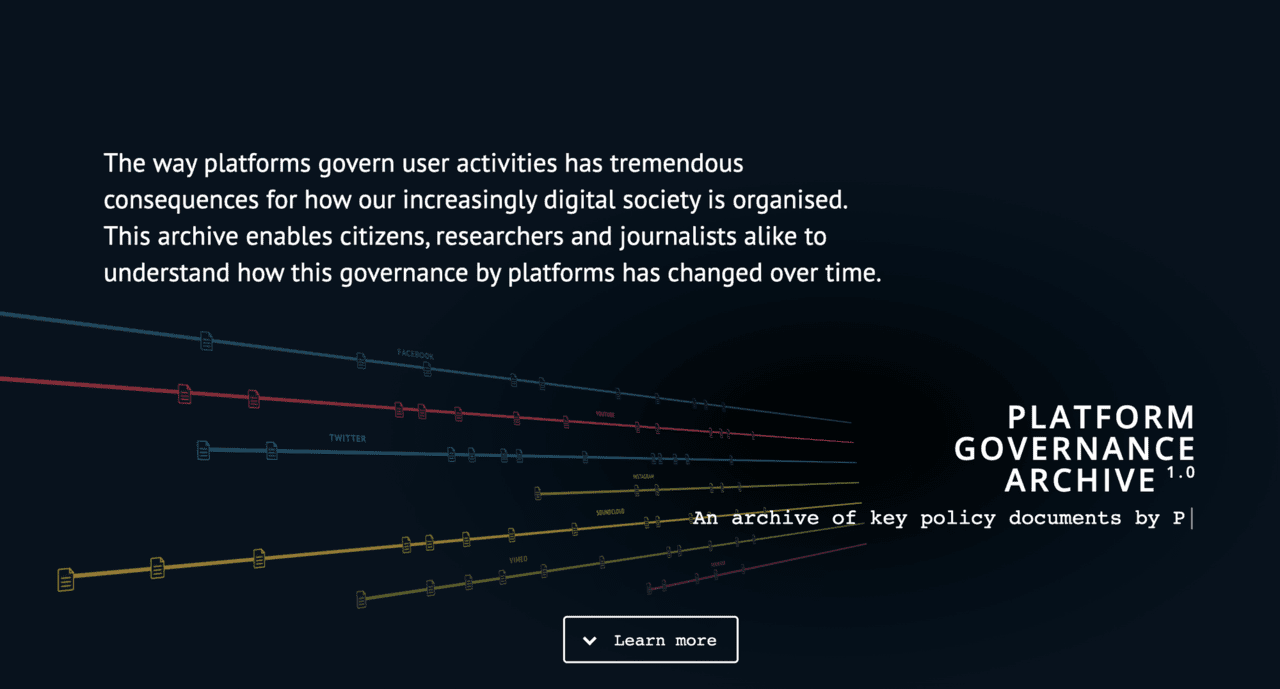 Screen grab of the landing page of the Platform Governance Archive, a website which archives previous versions of social media platforms' policies.