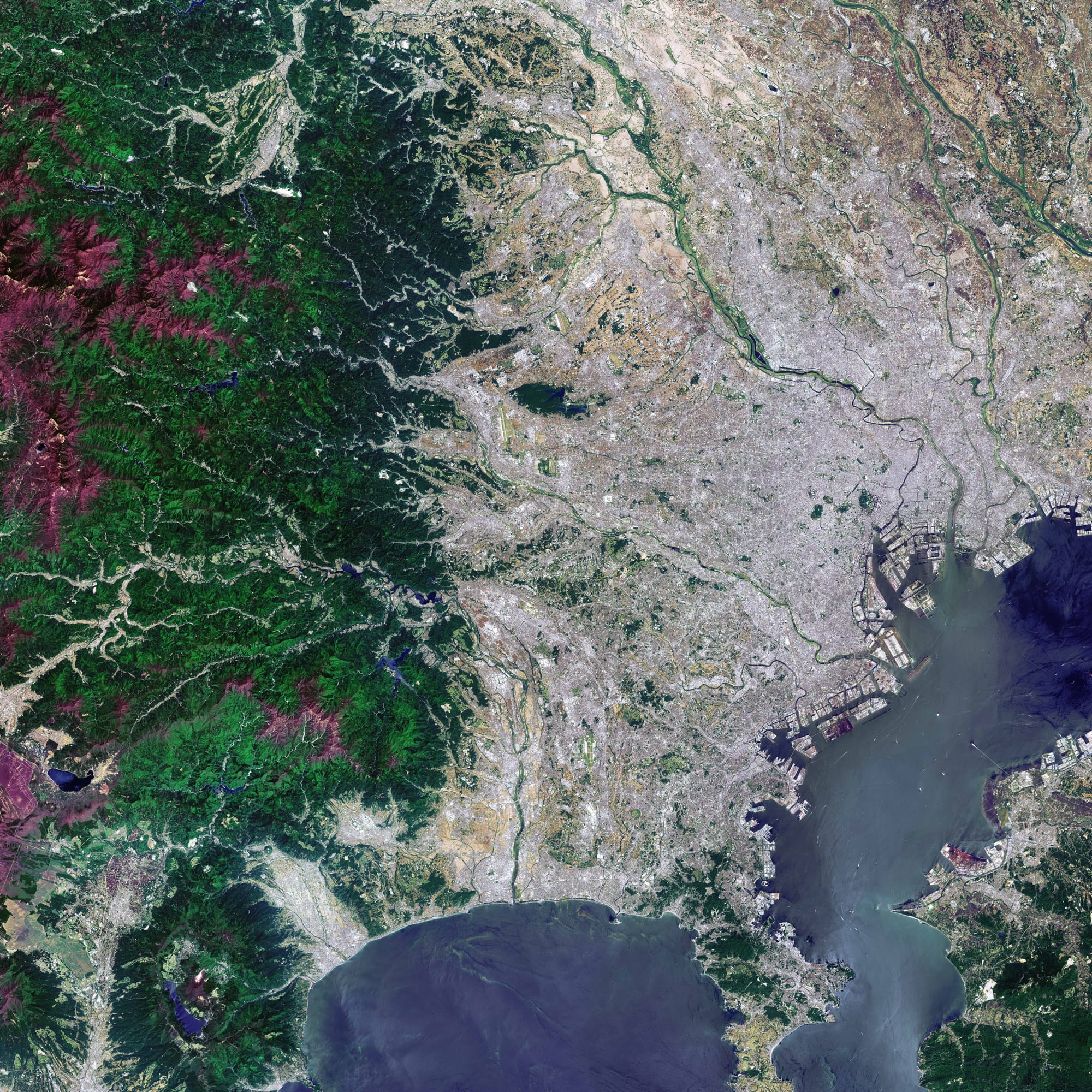 The Copernicus Sentinel-2A satellite takes us over the Japanese capital of Tokyo.
Tokyo lies on the eastern shore of the island of Honshu, the largest of Japan’s four main islands. Greater Tokyo, which fans out further to the north and northwest than this image shows, is home to almost 38 million people, making it the largest megacity in the world.
The grey tones of this urban conurbation dominate the image and are in sharp contrast to the dark greens of the rugged mountains that flank the city to the west. The city centre lies mainly to the south of the Arakawa River, which empties into Tokyo Bay. The bay can be seen in the bottom right of the image. While many boats are visible in the bay, so is the Aqua-line, which is a combination of a bridge and a tunnel that spans the bay. The Aqua-line can be seen on the east side of the bay as a bridge that then disappears underwater as a tunnel. It has an overall length of almost 23.7 km, almost 10 km of which is tunnel – the fourth longest underwater tunnel in the world. A building that provides ventilation, as well as serves a rest stop, appears as an island-like structure above the tunnel.
More than half of the global population live in urban areas and, as more people flock to cities, expansion and development needs to be planned and monitored. The Copernicus Sentinel-2 mission offers essential information for urban planners and decision-makers around the world.
The image, which is also featured on the Earth from Space video programme, was captured by Sentinel-2A on 8 May 2017.