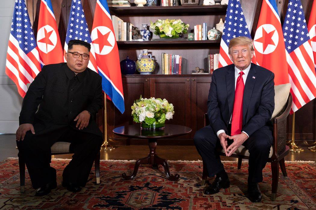 President Donald J. Trump and North Korean leader Kim Jong Un, participate in their bilateral meeting, Tuesday, June 12, 2018, at the Capella Hotel in Singapore. (Official White House Photo by Shealah Craighead)