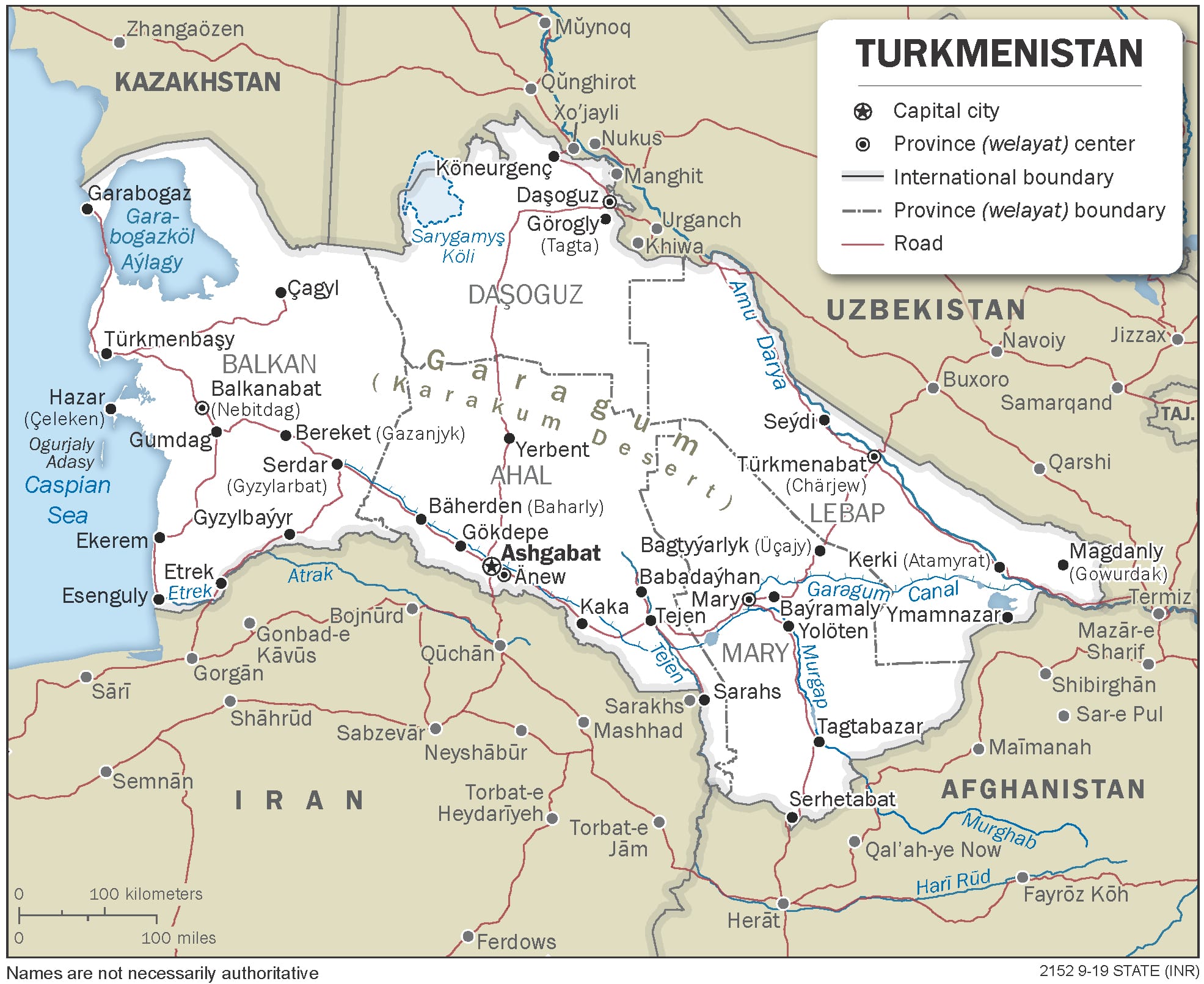 Political map of Turkmenistan as of 2019 prepared by the Office of the Geographer, Bureau of Intelligence and Research, U.S. Department of State