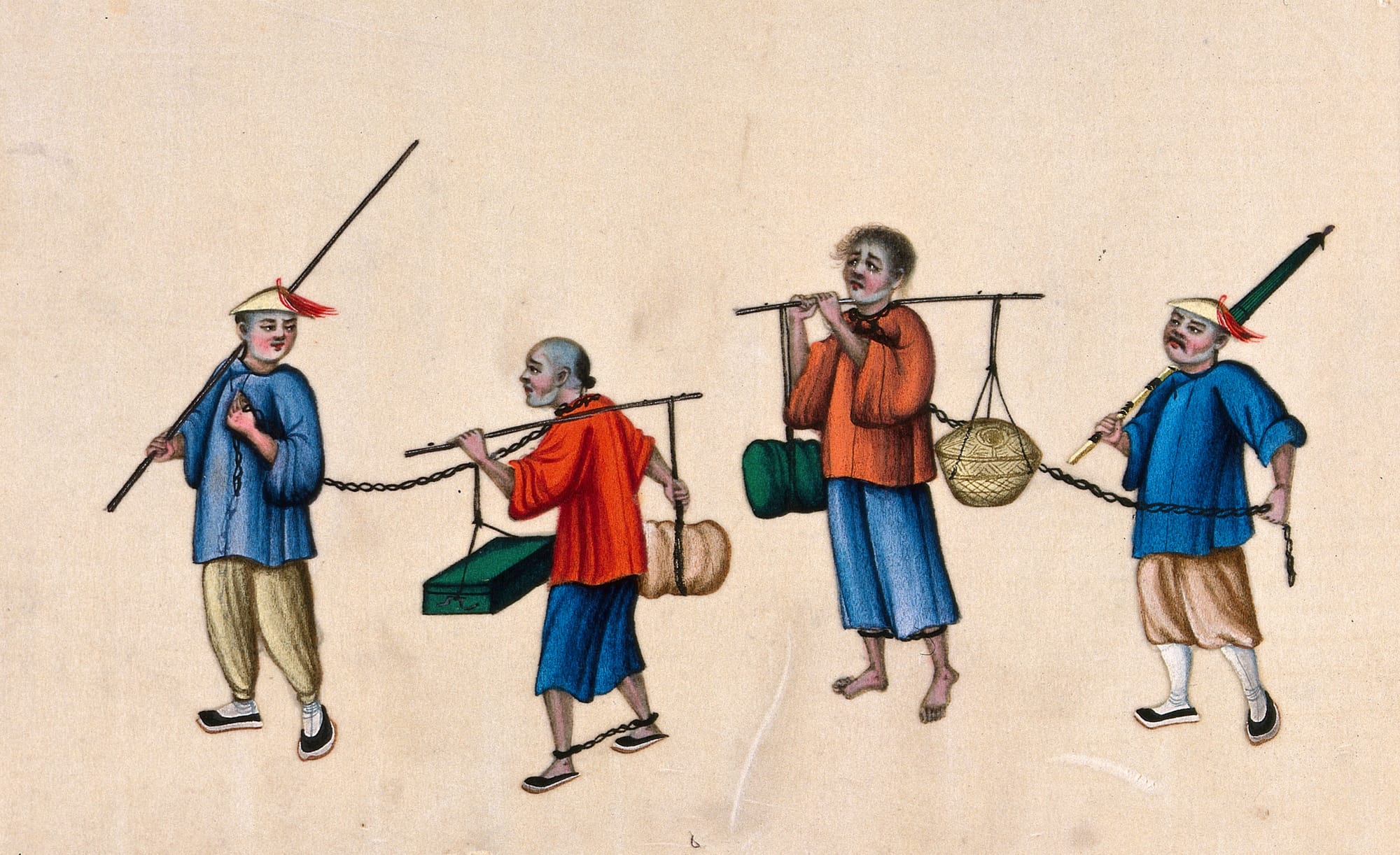 Two Chinese prisoners carrying heavy loads on poles balanced on their shoulders: the men have their legs shackled and are led by two other men, who hold the long chains attached to the prisoners' necks.

Iconographic Collections