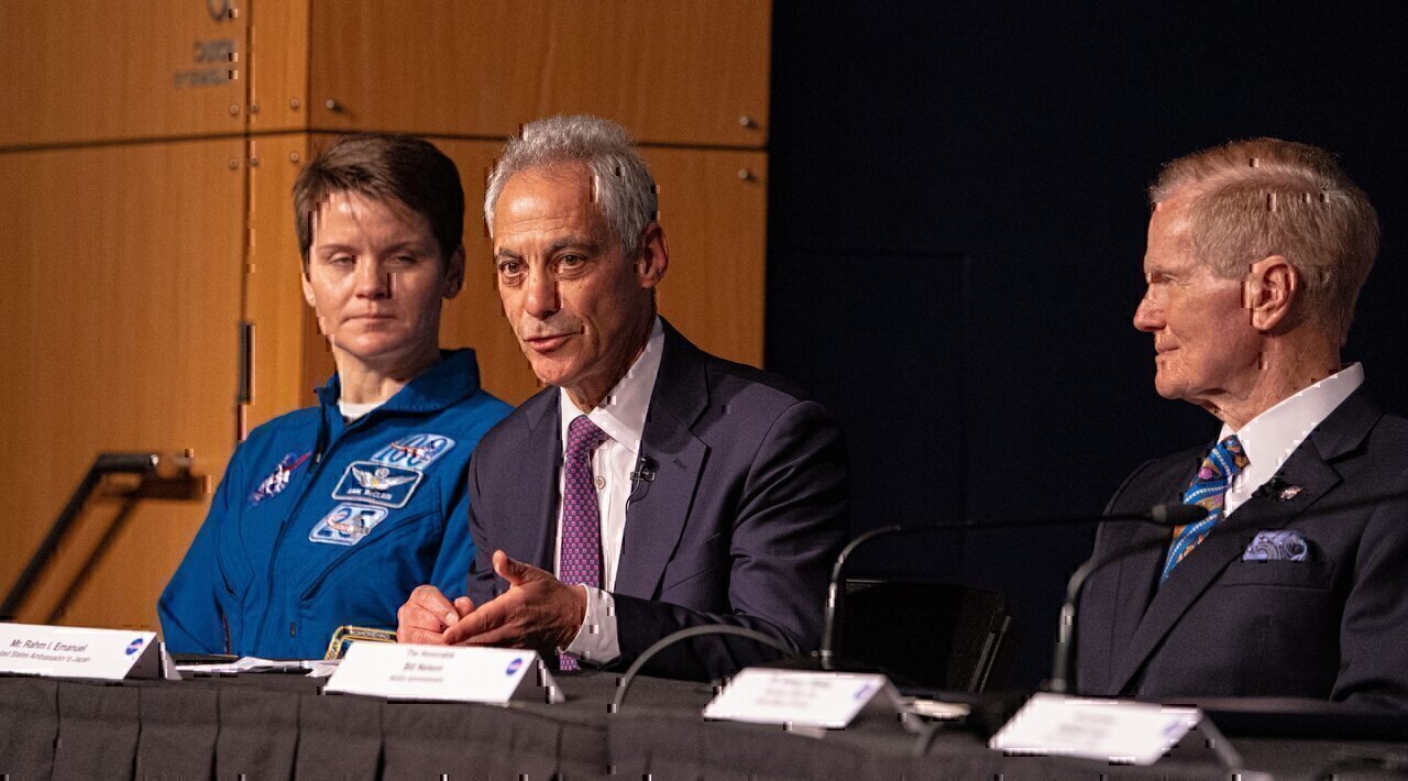 U.S. Ambassador to Japan Rahm Emmanuel delivers remarks at a a U.S.-Japan Space Cooperation Framework Agreement with Japanese Prime Minister Fumio Kishida, Secretary of State Antony J. Blinken, Japanese Foreign Minister Yoshimasa Hayashi, and NASA Administrator Bill Nelson at NASA headquarters in Washington, D.C. on January 13, 2023. [State Department photo by Freddie Everett/ Public Domain]