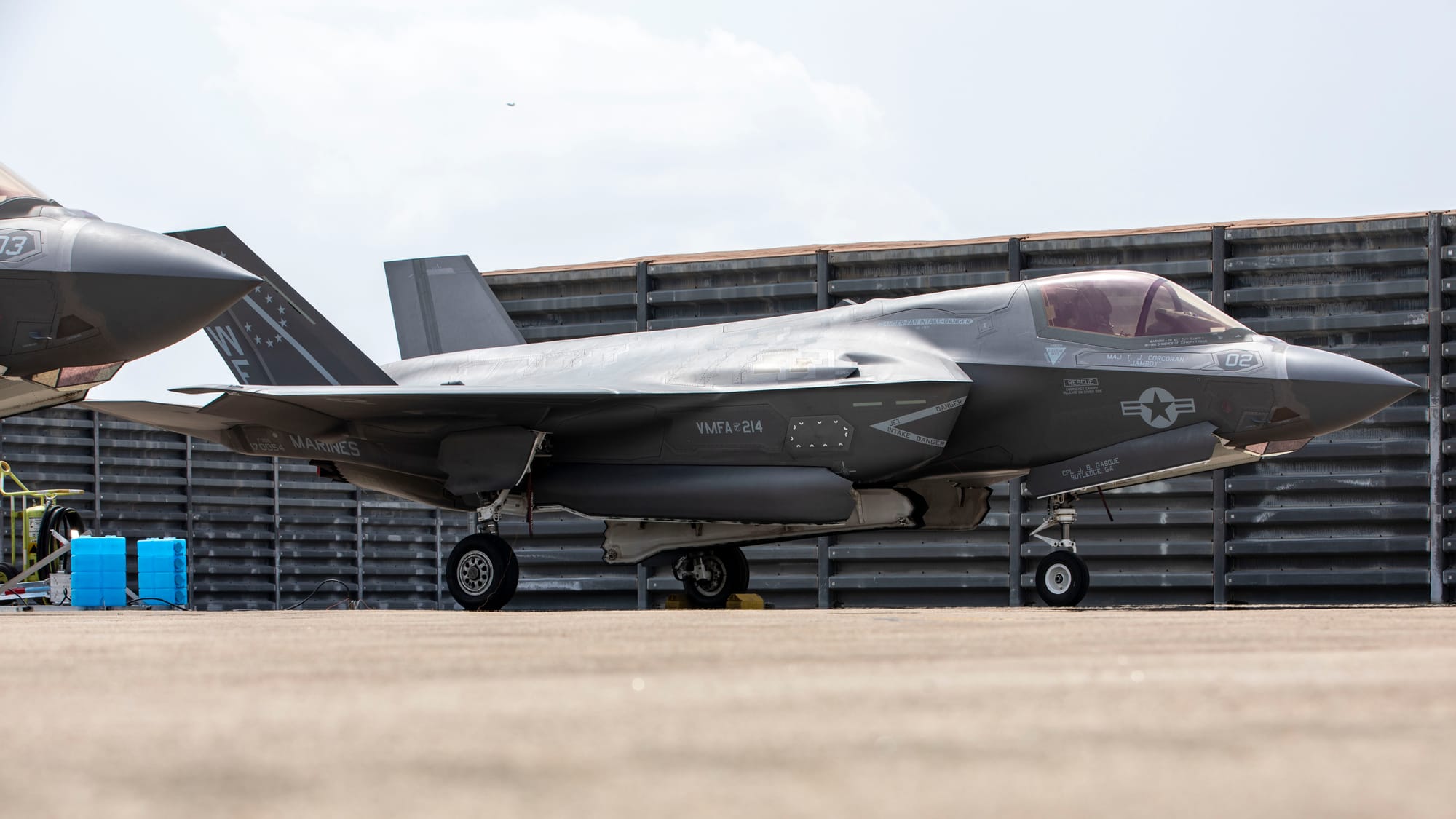 A U.S. Marine Corps F-35B Lighting II aircraft with Marine Fighter Attack Squadron (VMFA) 214, Marine Aircraft Group 12, 1st Marine Aircraft Wing stages at Gwangju Air Base, South Korea, in preparation for exercise Freedom Flag 25, April 17, 2025. VMFA-214, an F-35B Lighting II squadron from Marine Corps Air Station Yuma, Arizona, deployed to augment MAG-12, 1st MAW under the Unit Deployment Program, which provides U.S.-based units with operational experience in the Indo-Pacific. FF25-1 is a military exercise between U.S. and Republic of Korea air forces designed to enhance readiness through realistic, complex training scenarios. (U.S. Marine Corps photo by Cpl. Chloe Johnson)