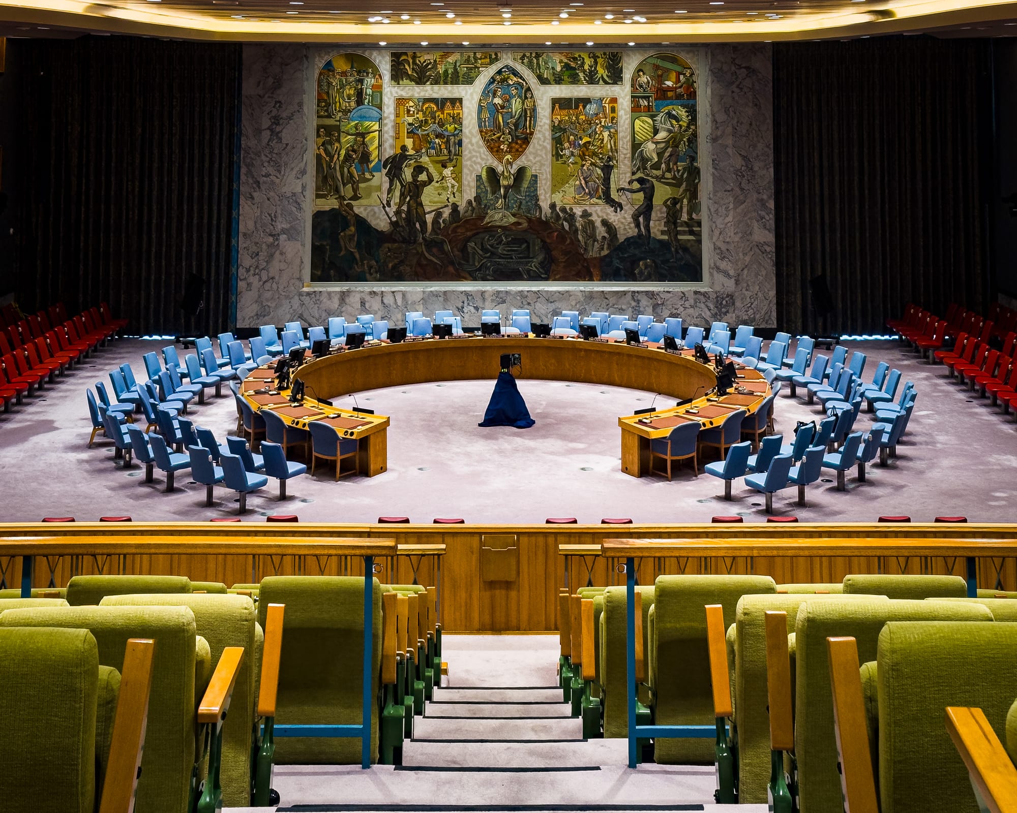 Looking directly at the empty Security Council chamber of the United Nations at their Headquarters in New York